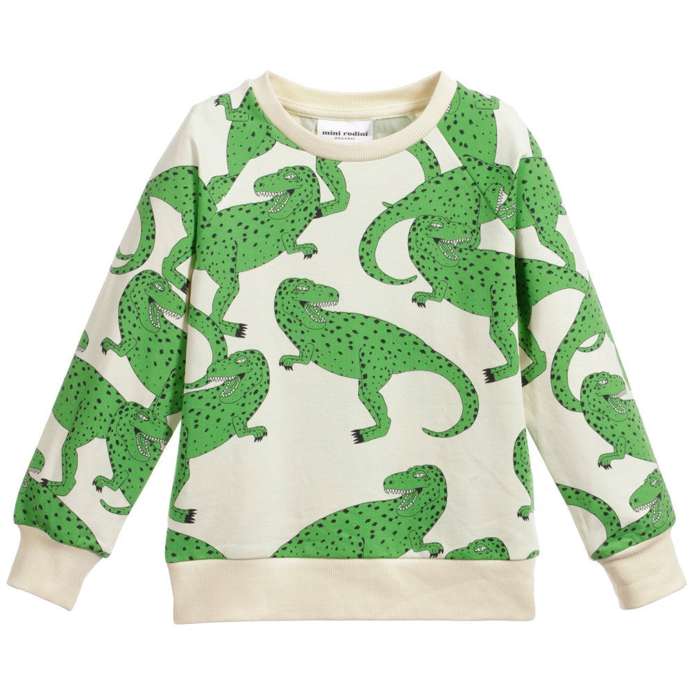 Girls White Cotton Sweatshirt With Green T-Rex Print - CÉMAROSE | Children's Fashion Store - 1