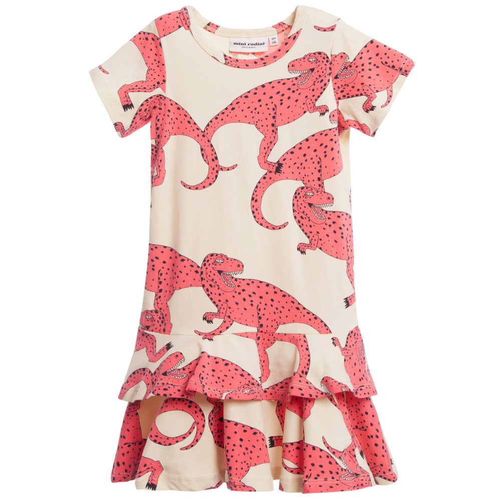 Girls White Frill Dress With Pink T-Rex Print - CÉMAROSE | Children's Fashion Store - 1