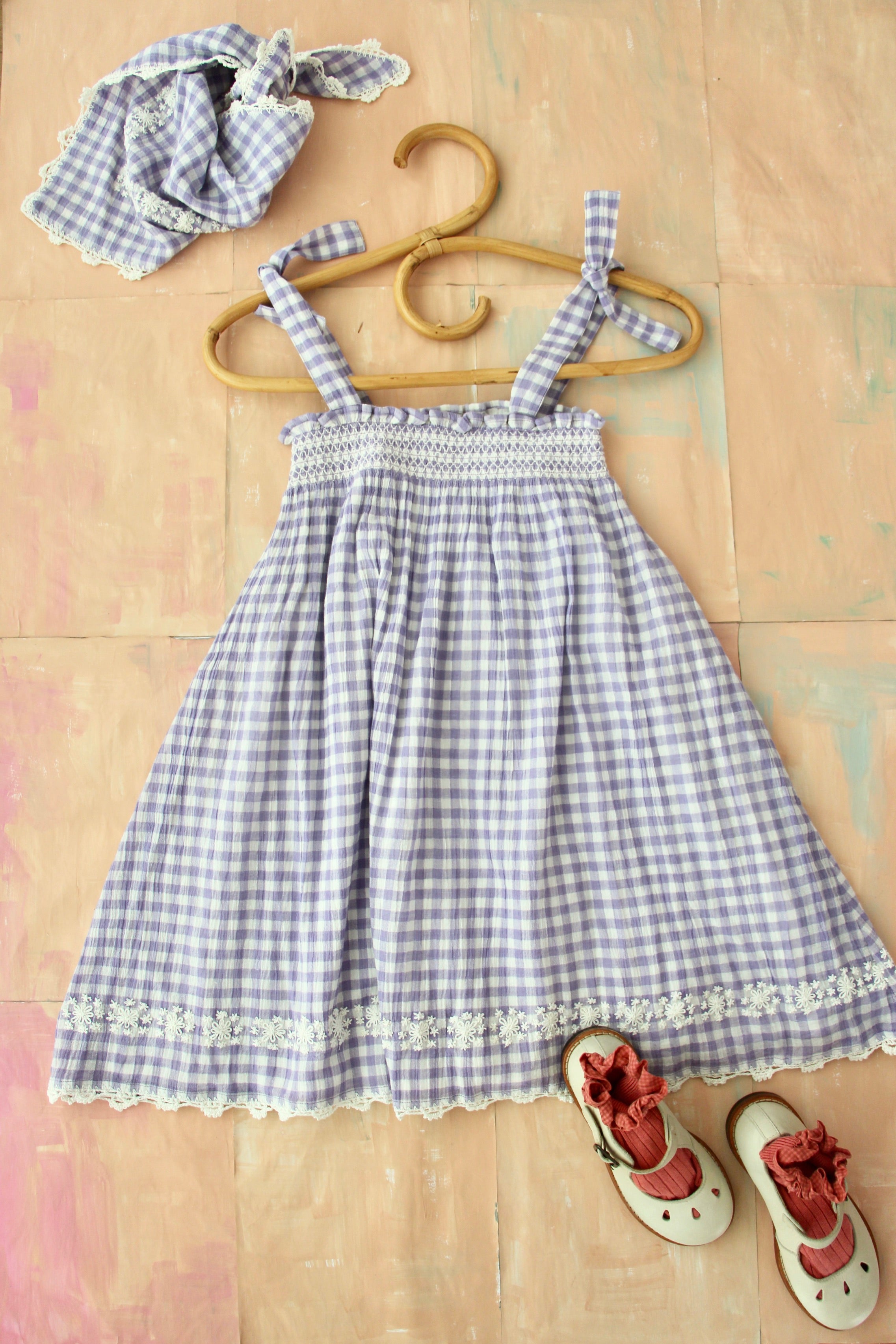 Girls Blue Check Dress & Scarf Set