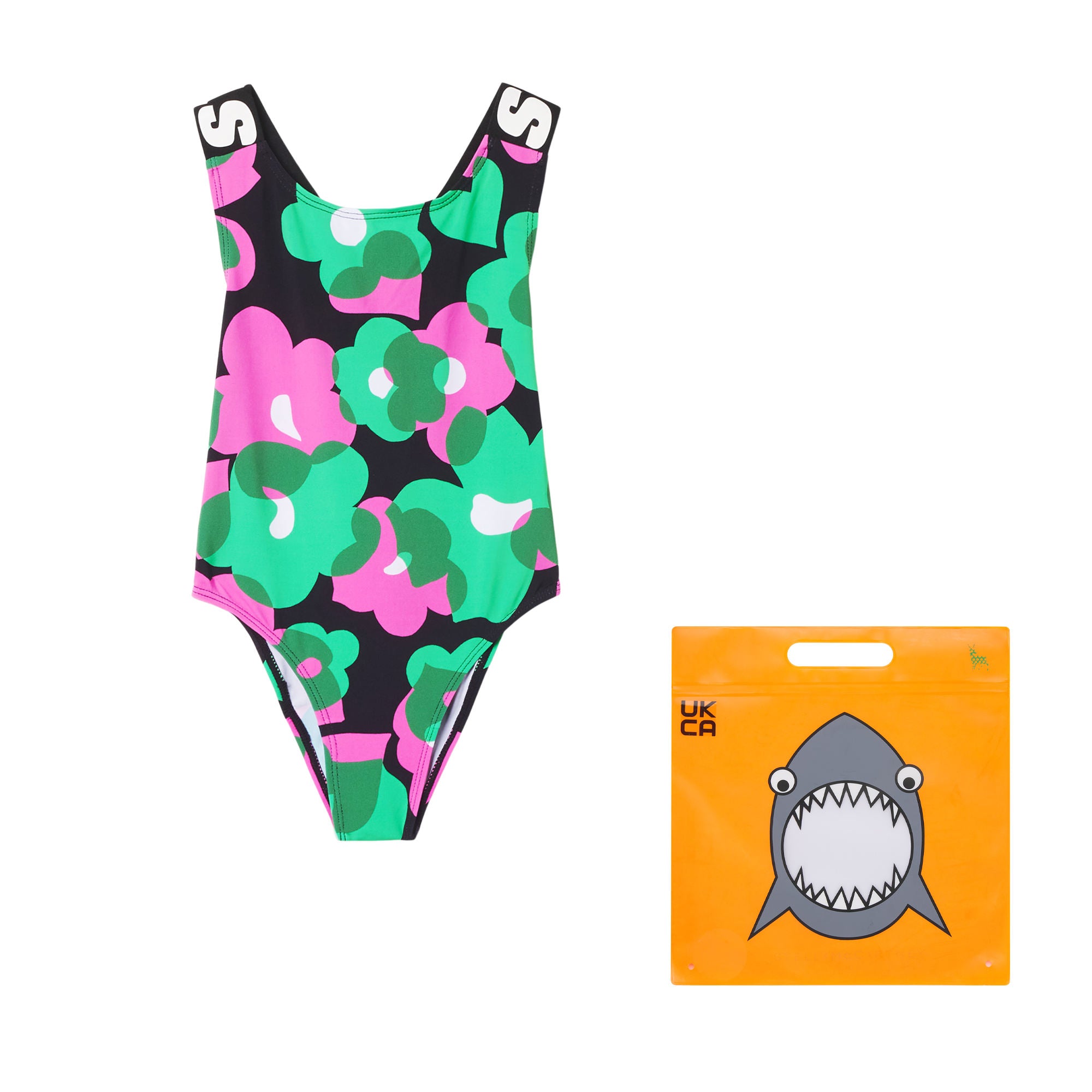 Girls Black Flowers Sport Swimsuit
