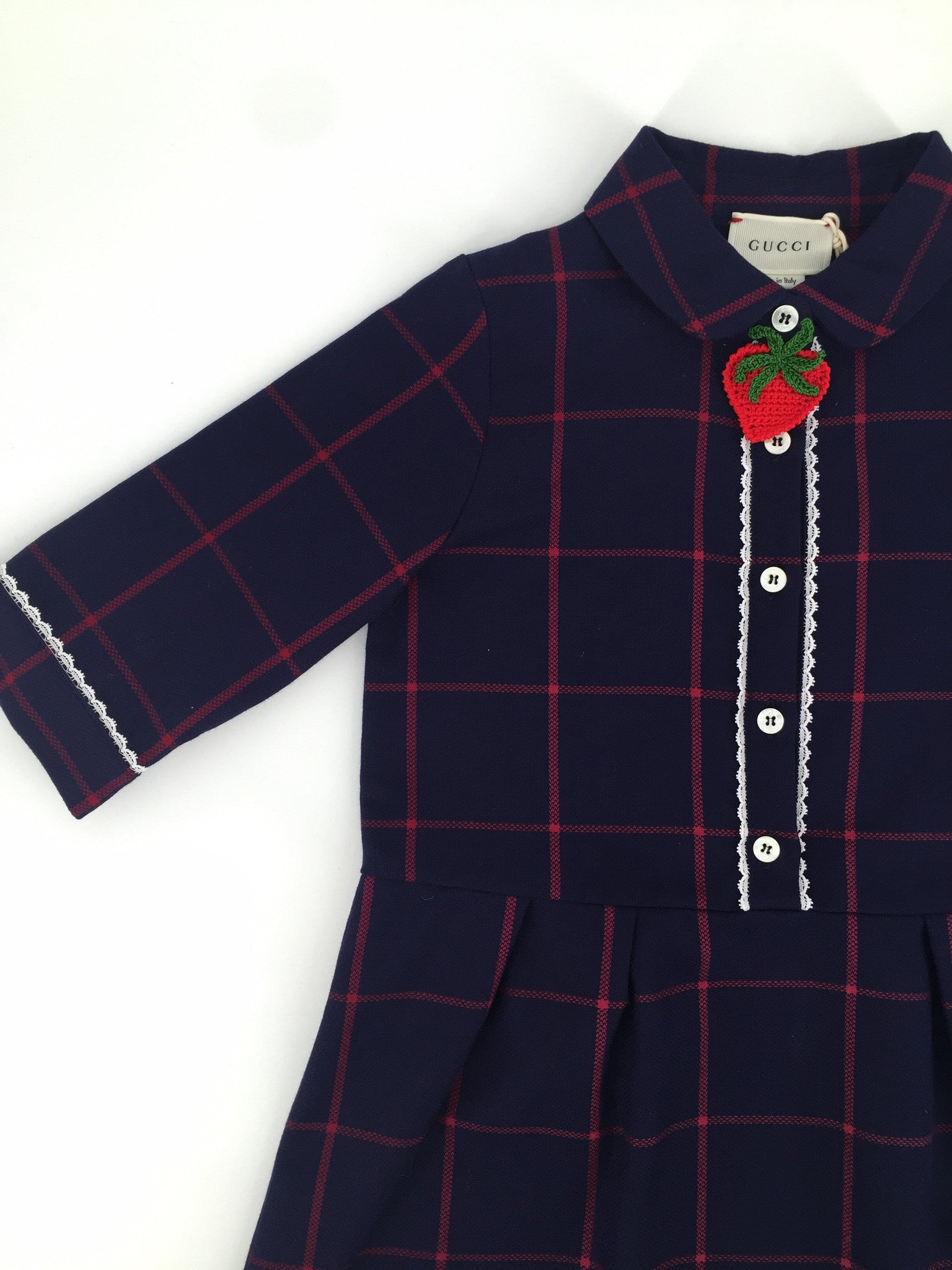 Girls Navy Blue Check Cotton Dress With Patch Strawberry Trims - CÉMAROSE | Children's Fashion Store - 3