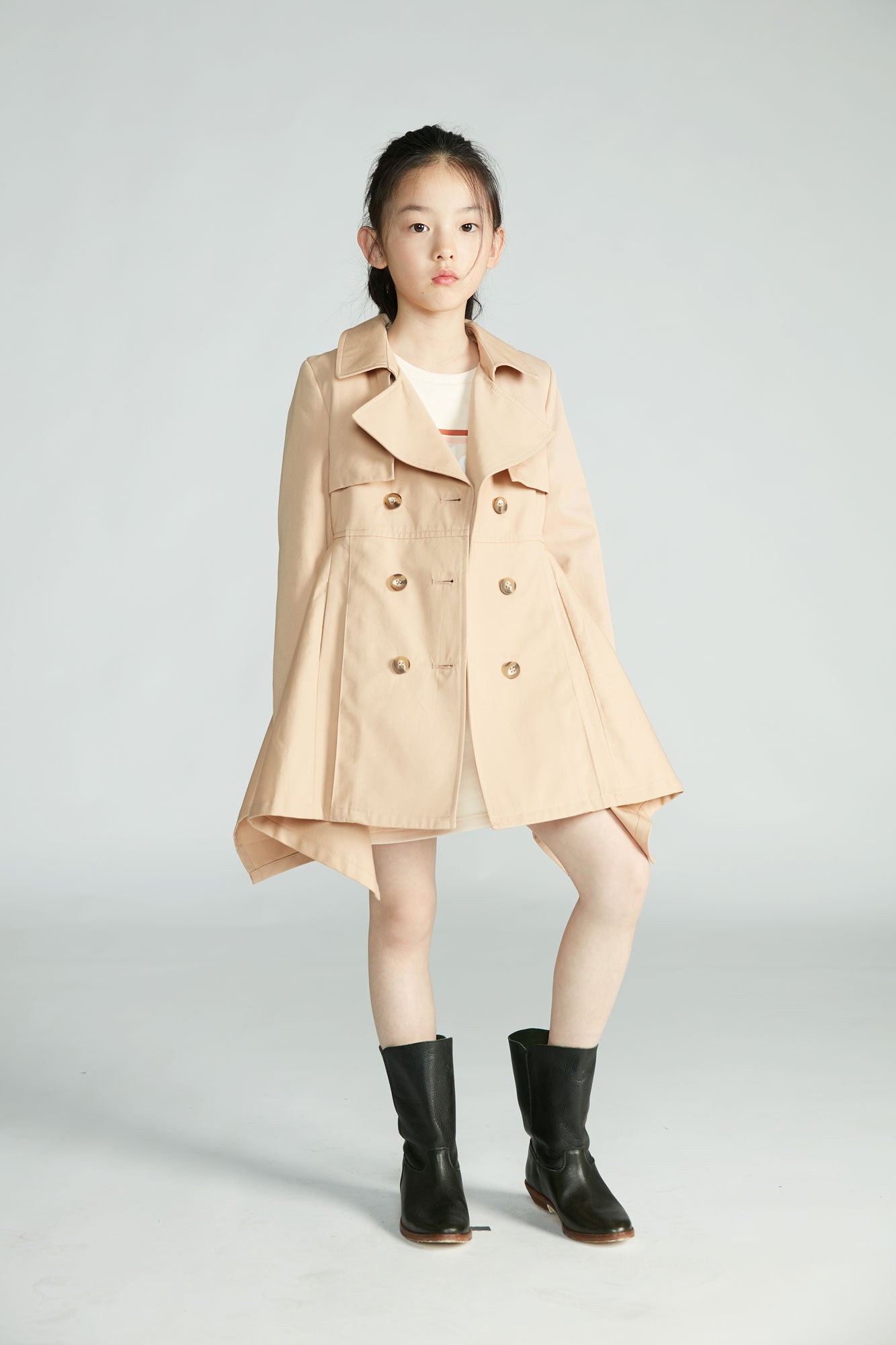 Girls Beige Belt Cotton Coat