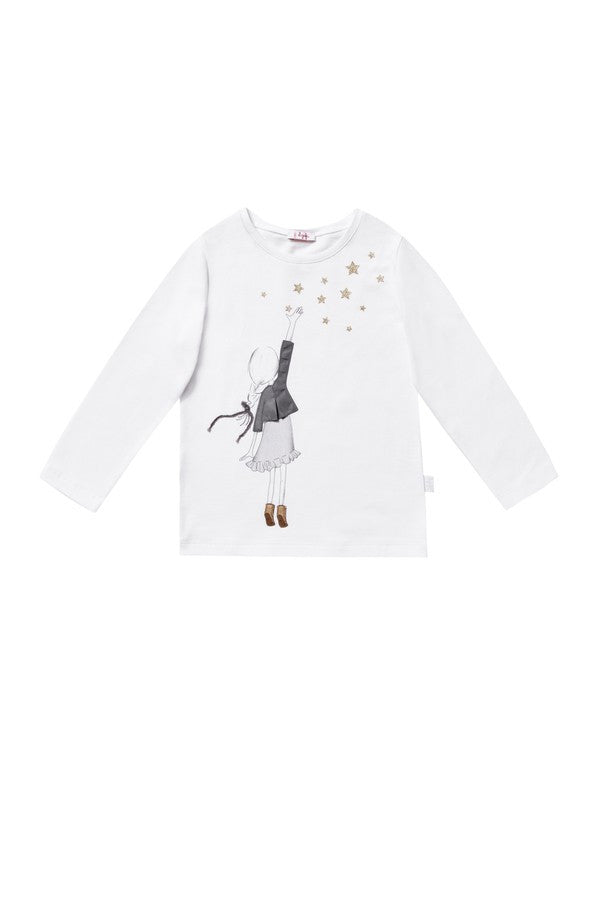 Girls White Fancy Printed Cotton T-Shirt - CÉMAROSE | Children's Fashion Store - 1