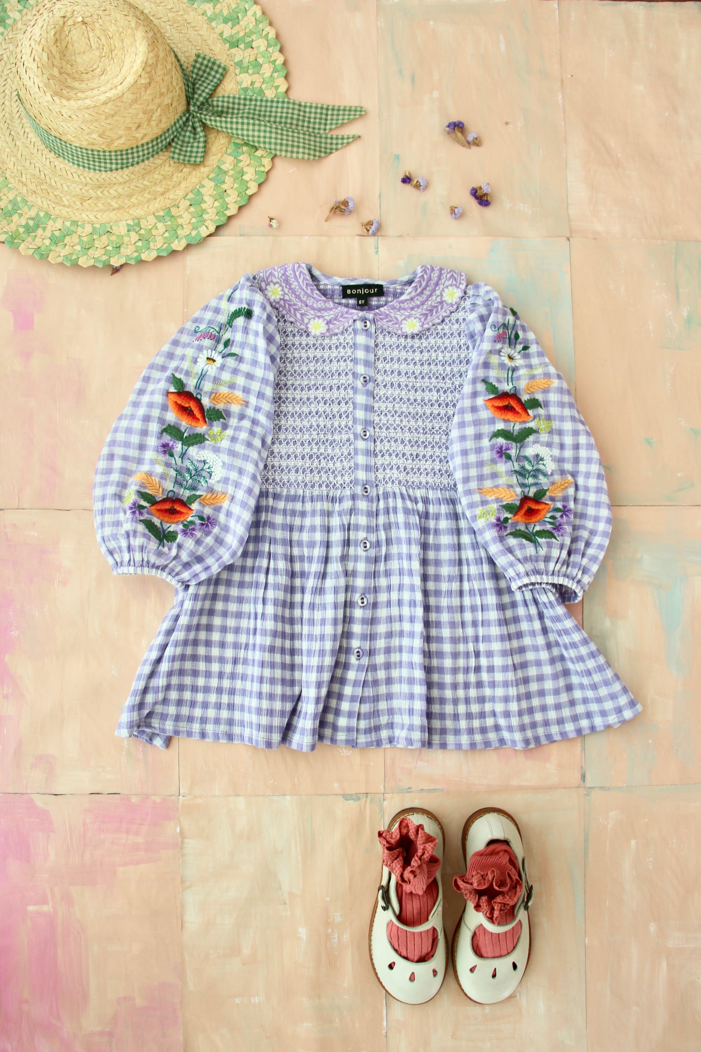 Girls Purple Check Embrloidery Dress