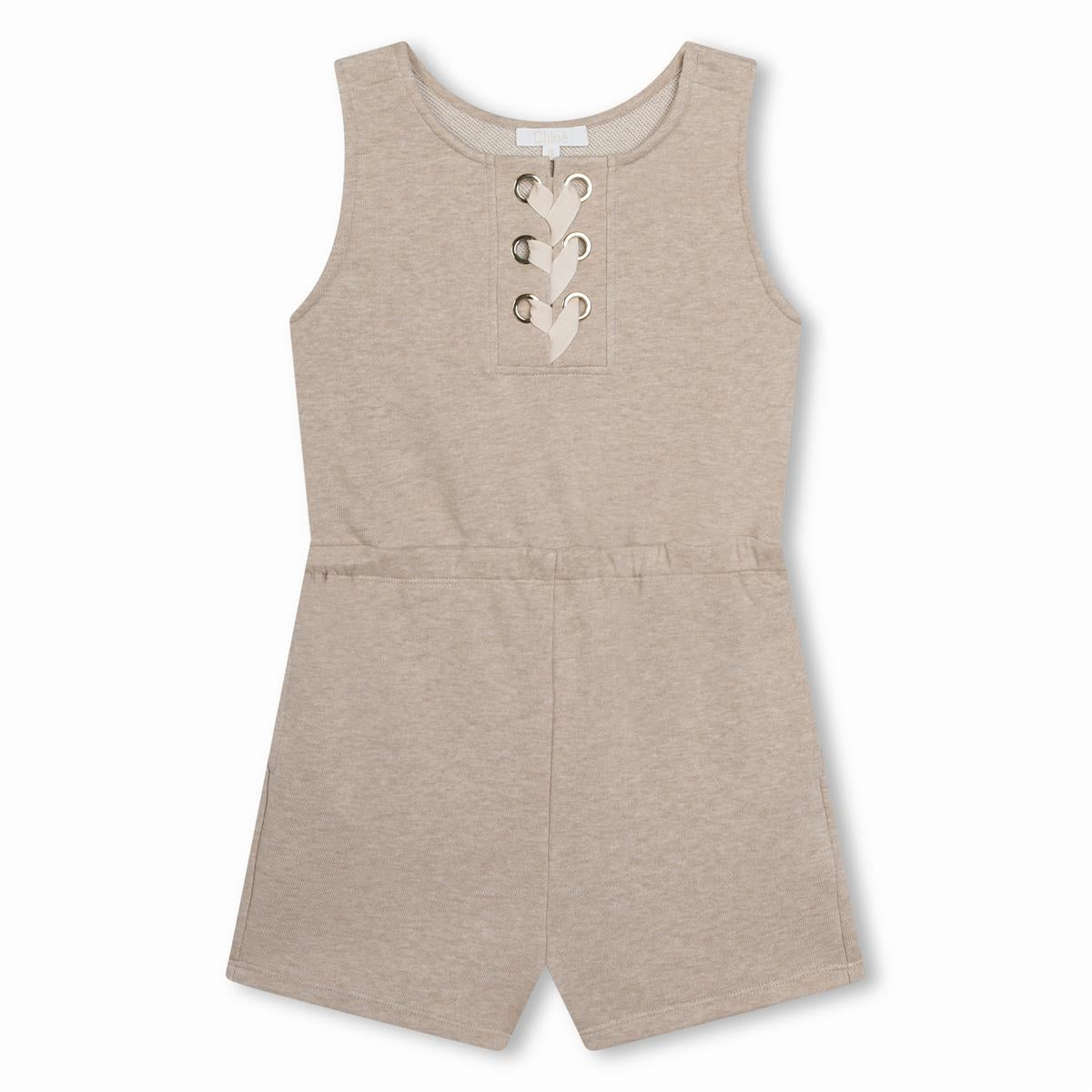 Girls Beige Cotton Jumpsuit