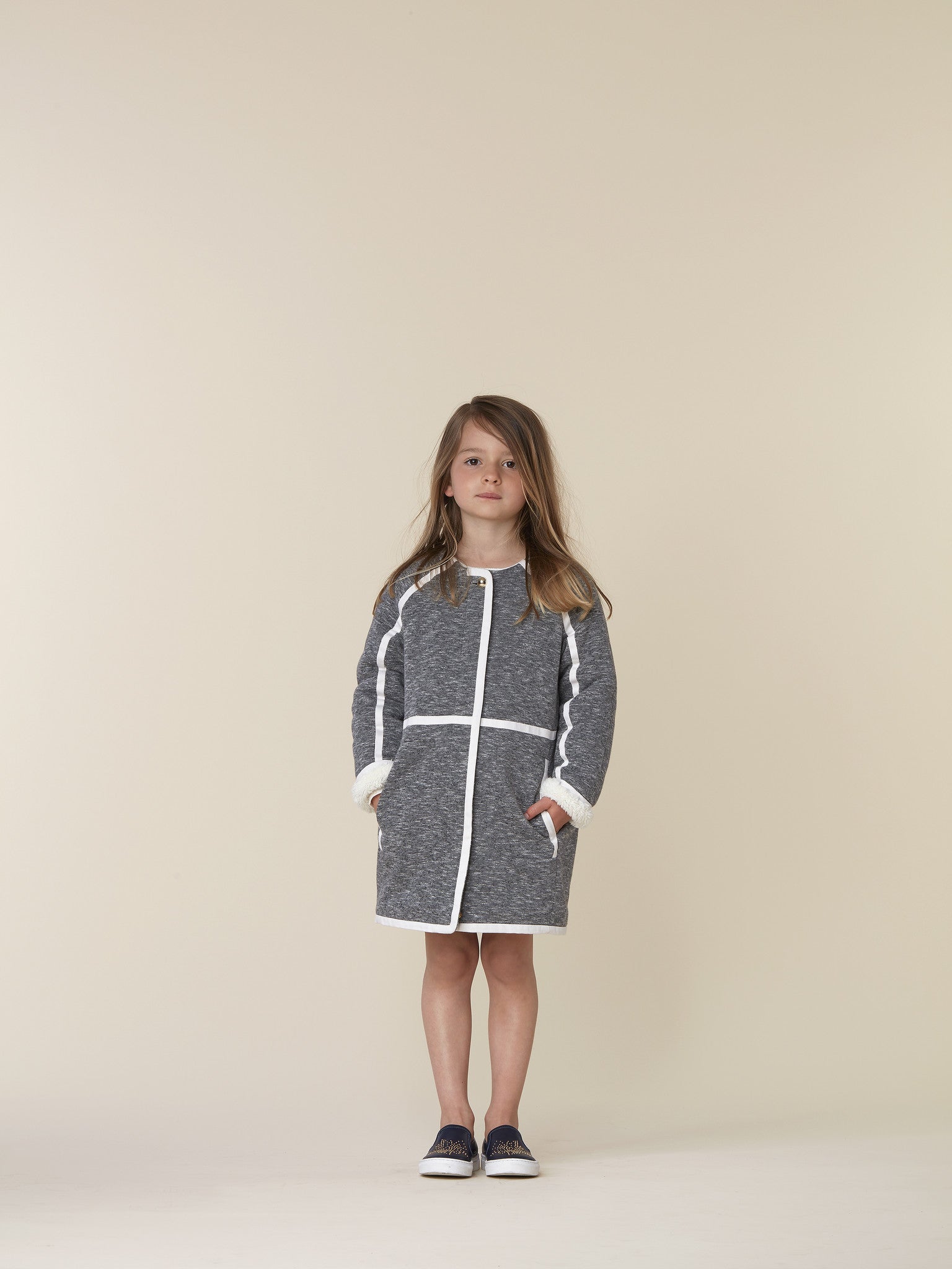 Girls Dark Grey Collarless Cotton Coat - CÉMAROSE | Children's Fashion Store - 3