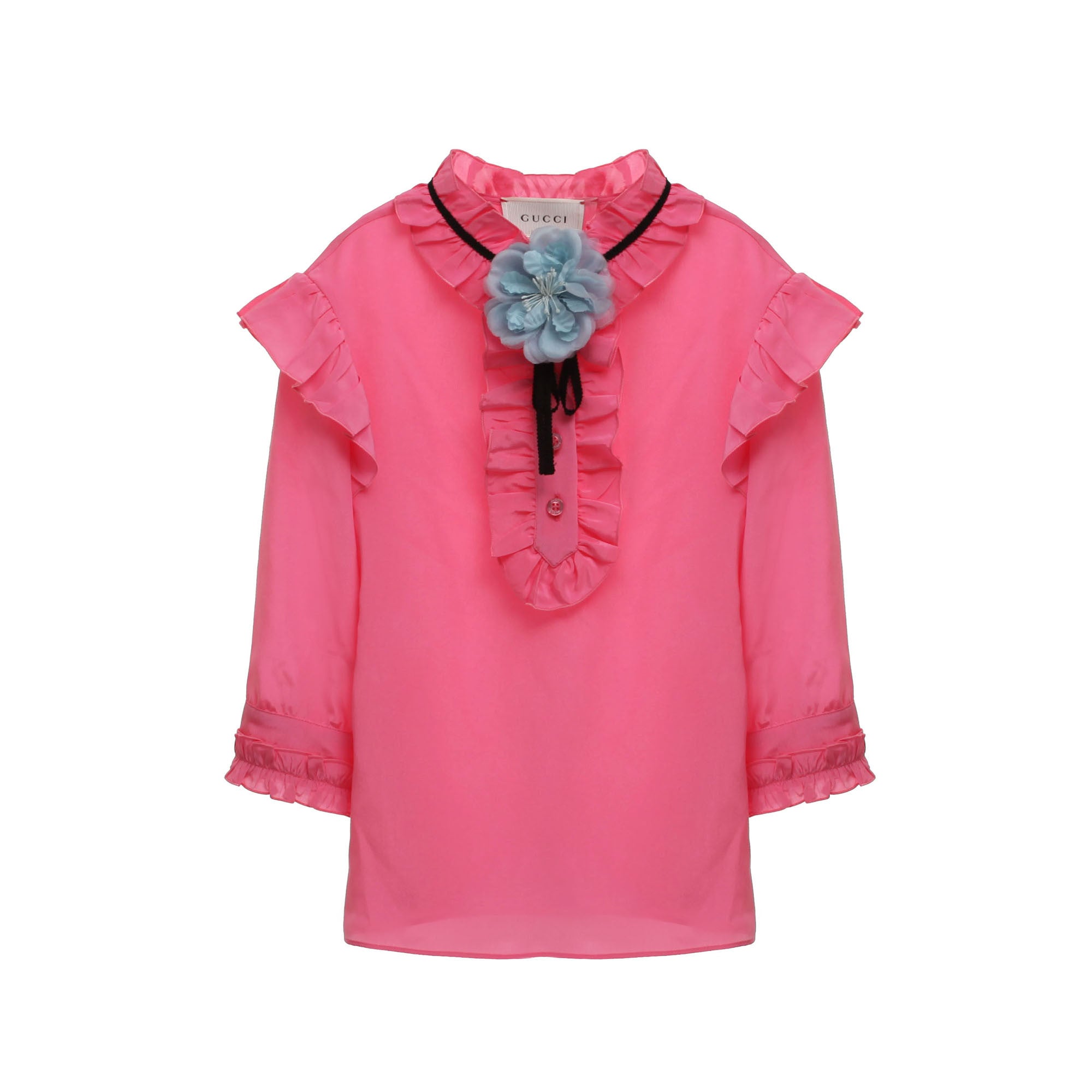 Girls Pink Ruffled Blouse With Sky Blue Flower Trims - CÉMAROSE | Children's Fashion Store - 1