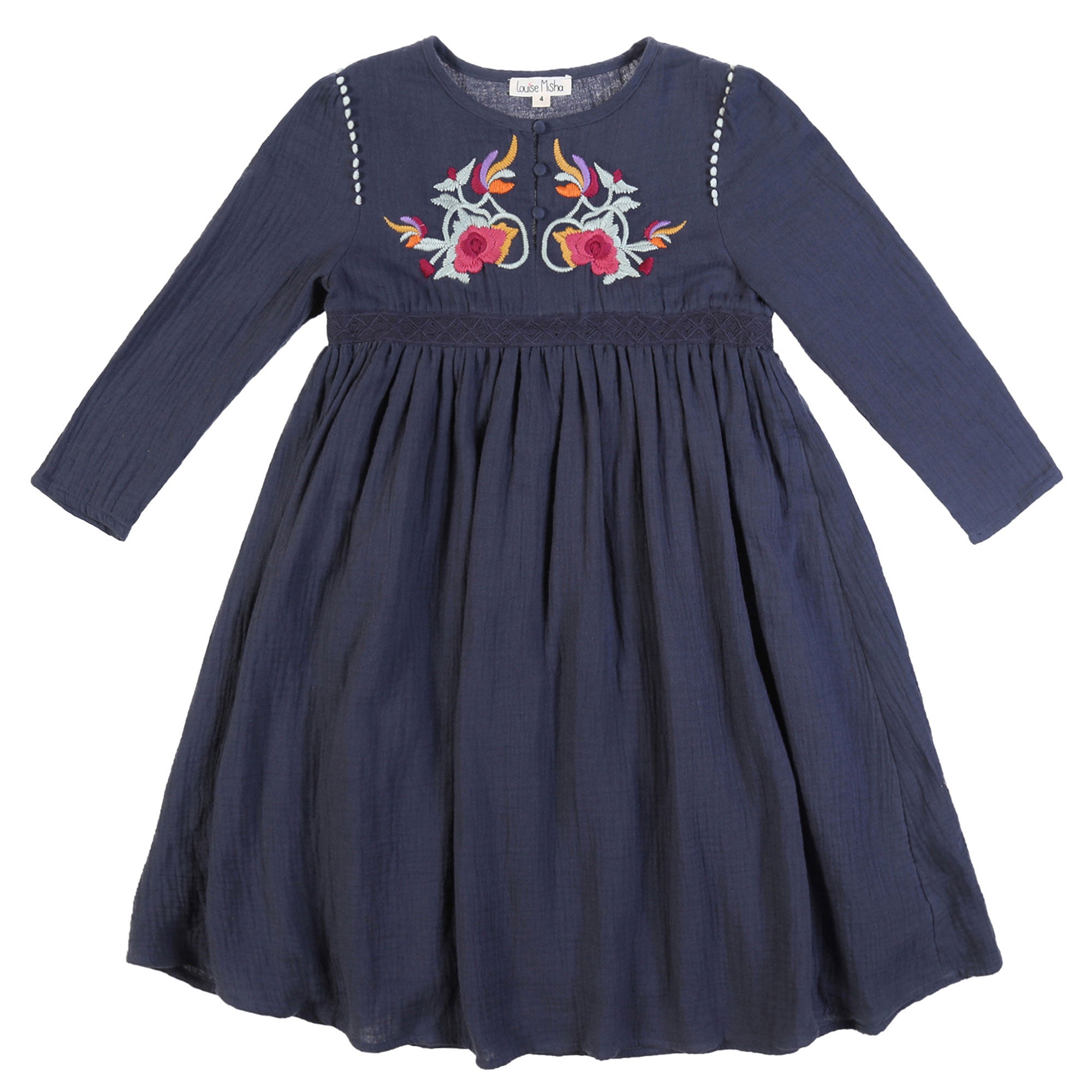 Girls Dark Grey Embroidered Trims Cotton 'Samsa' Dress - CÉMAROSE | Children's Fashion Store - 1