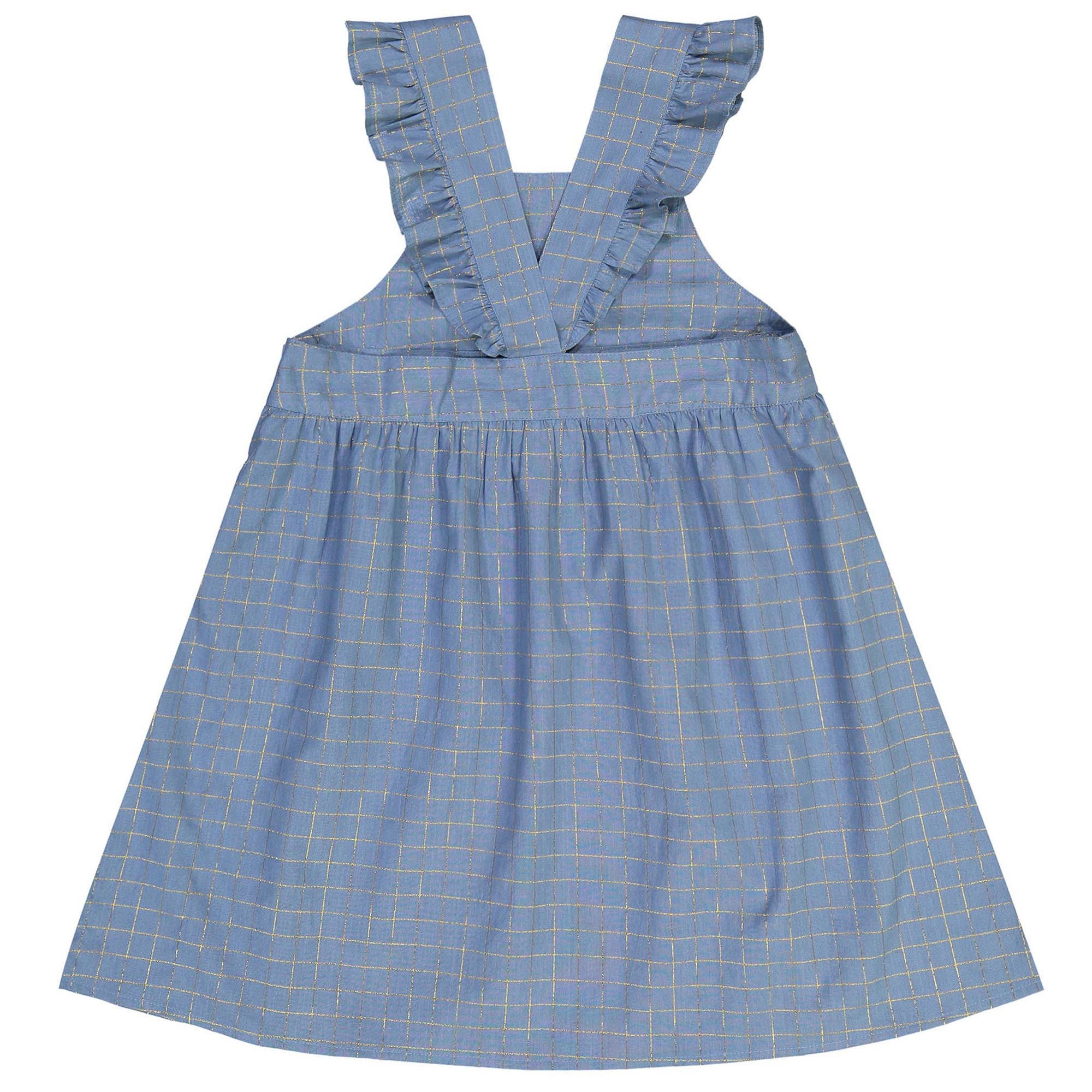 Girls Light Blue Check Gold Lurex Dress