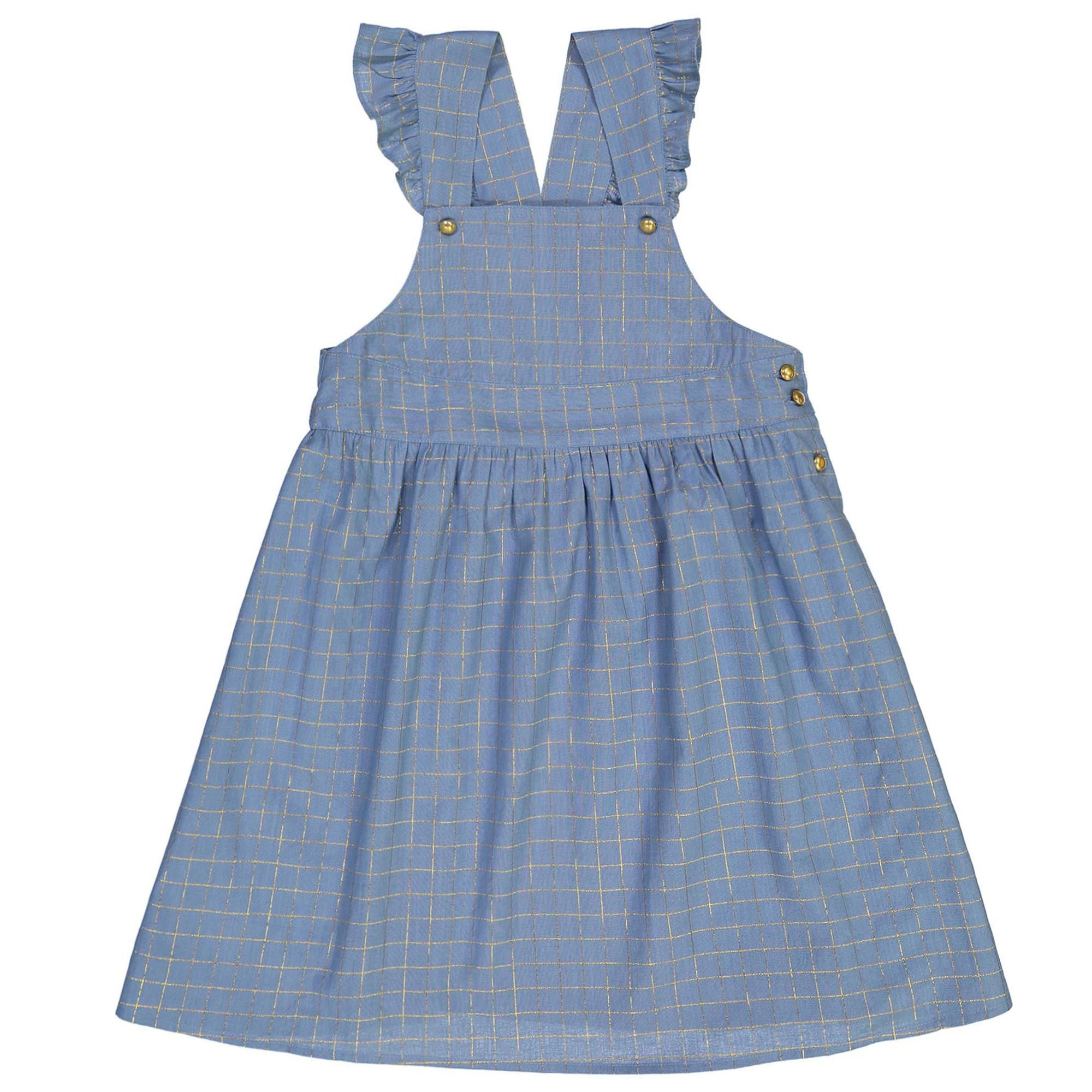 Girls Light Blue Check Gold Lurex Dress