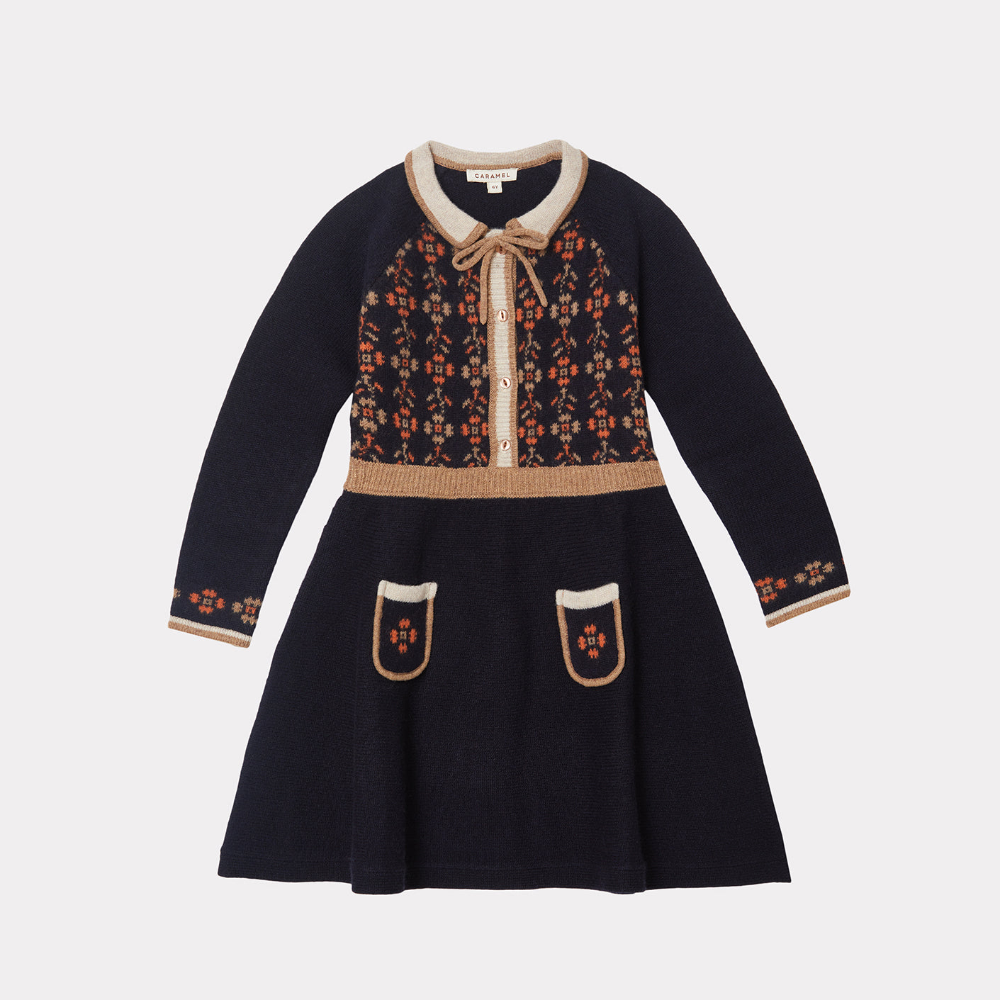 Girls Navy Embroidered Wool Dress