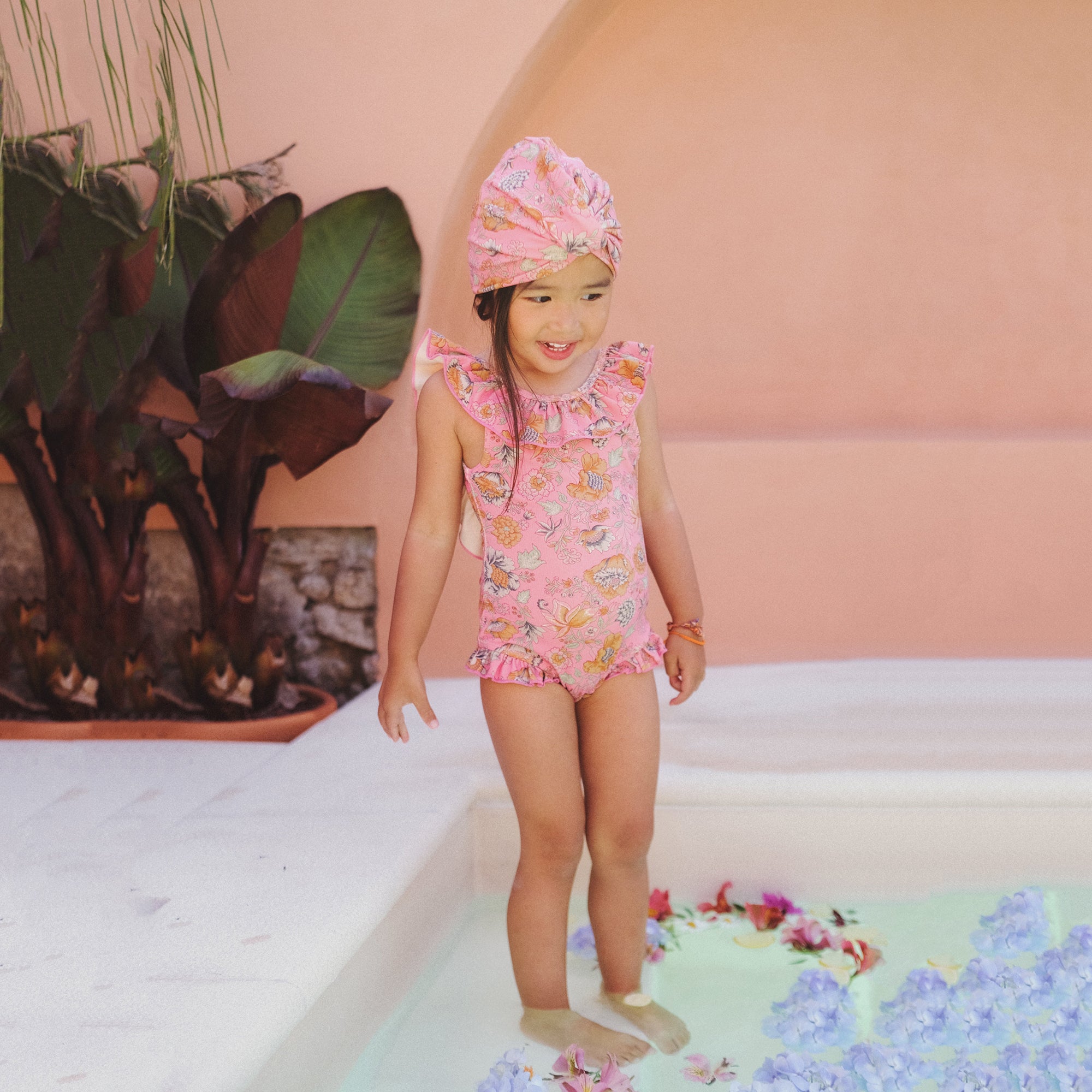 Girls Pink Flowers Swim Hat