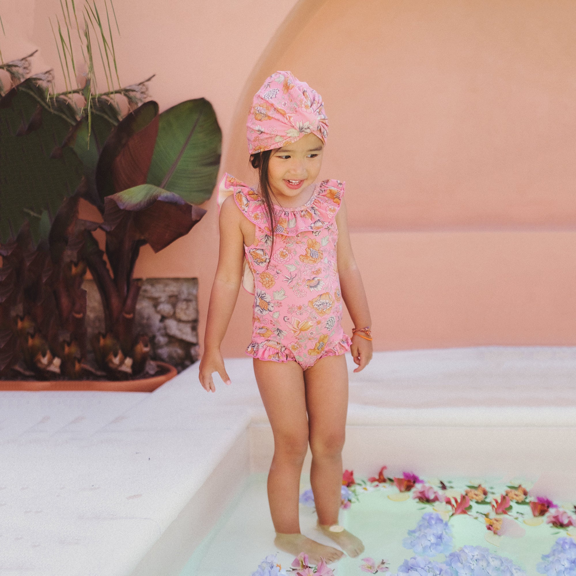 Girls Pink Flower Swimsuit