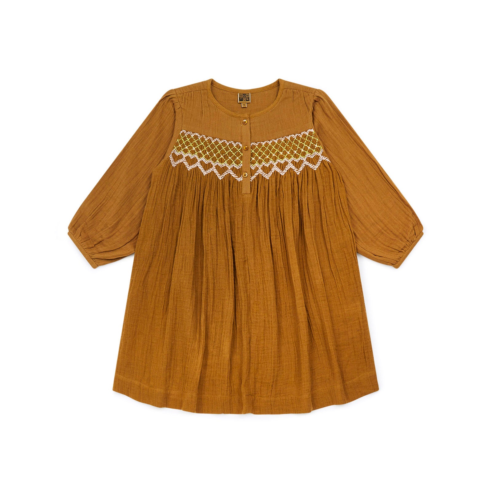Girls Caramel Embroidered Cotton Dress