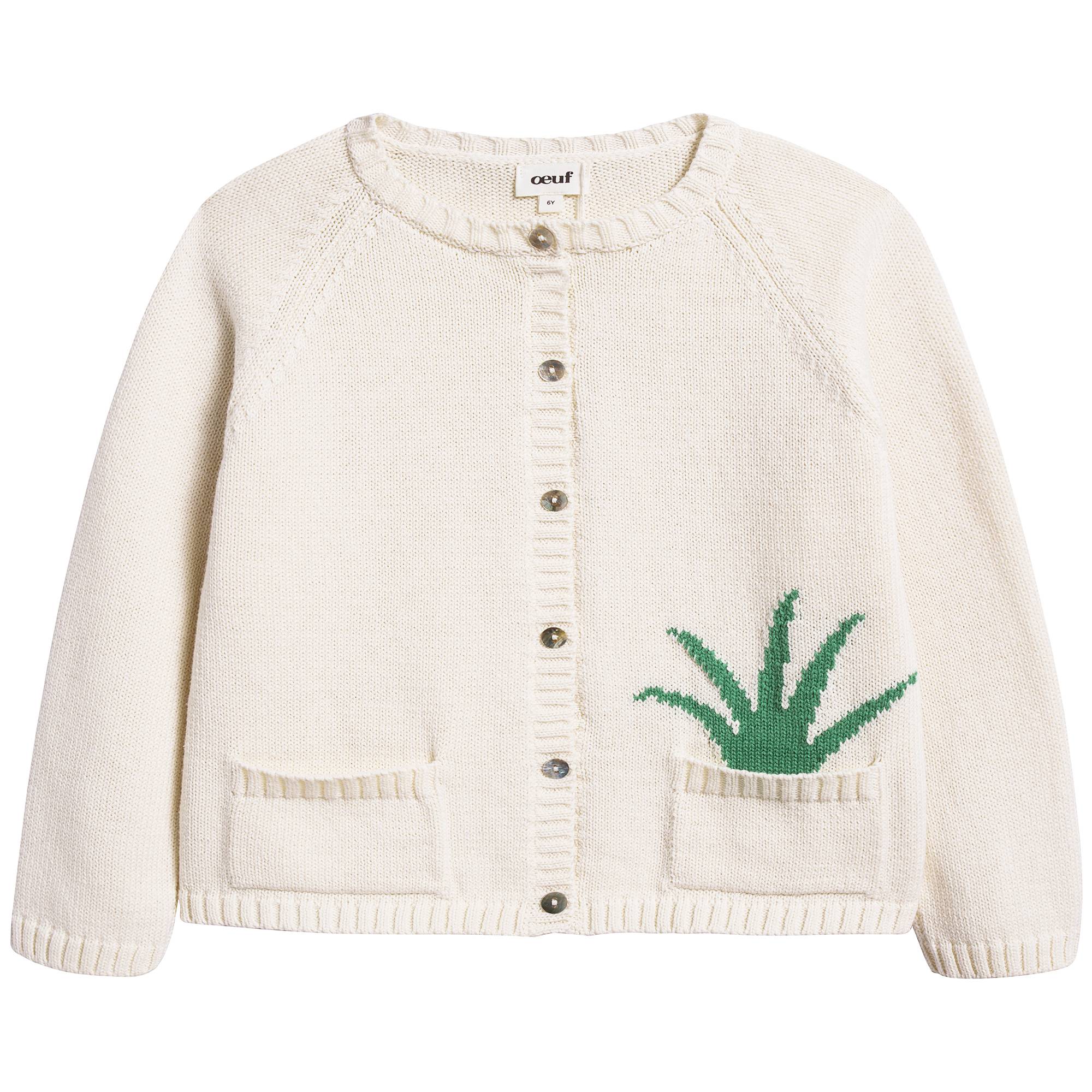 Girls White & Green Cotton Plant Pocket Cardigan
