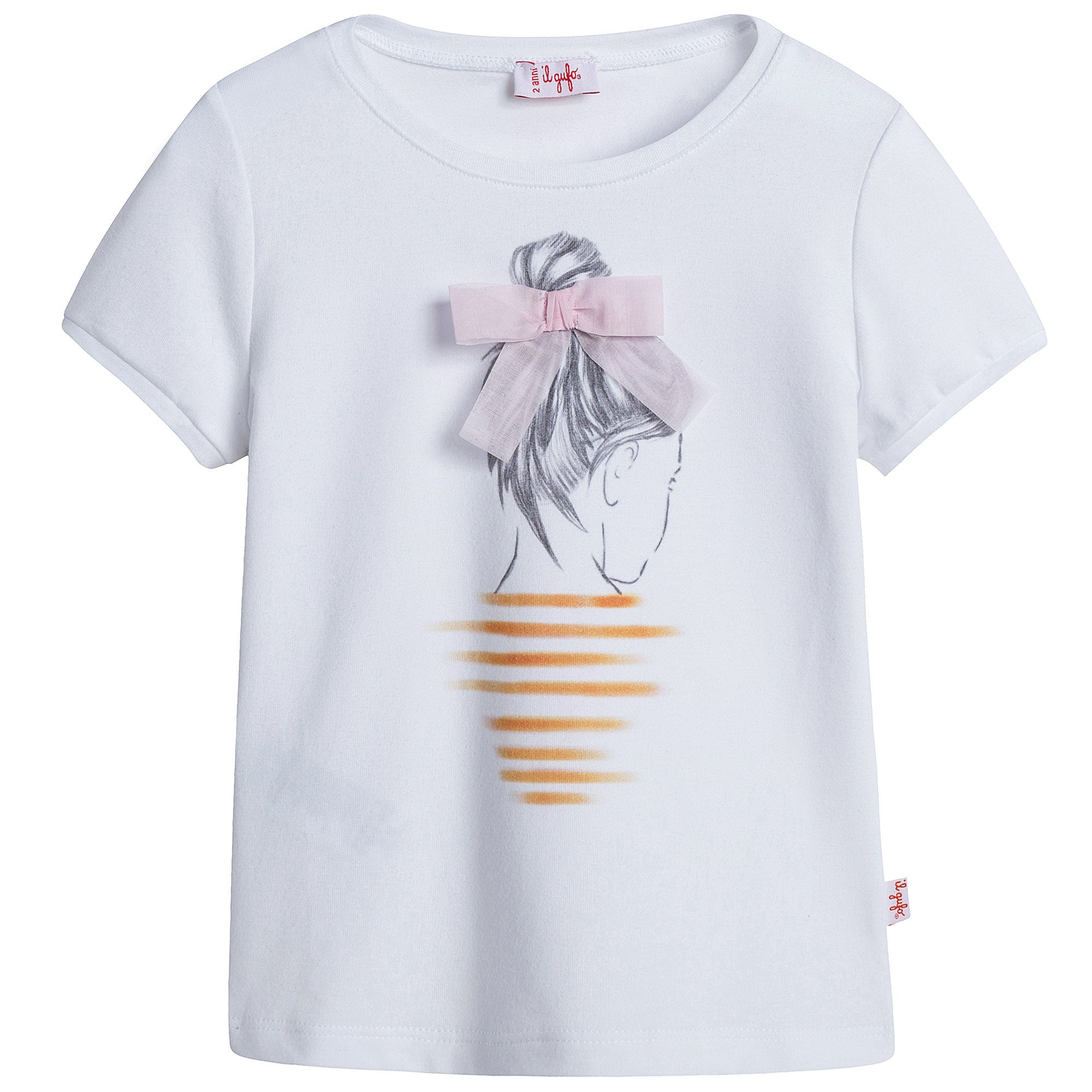 Girls White Cotton Jersey T-Shirt With Light Pink Bow - CÉMAROSE | Children's Fashion Store - 1