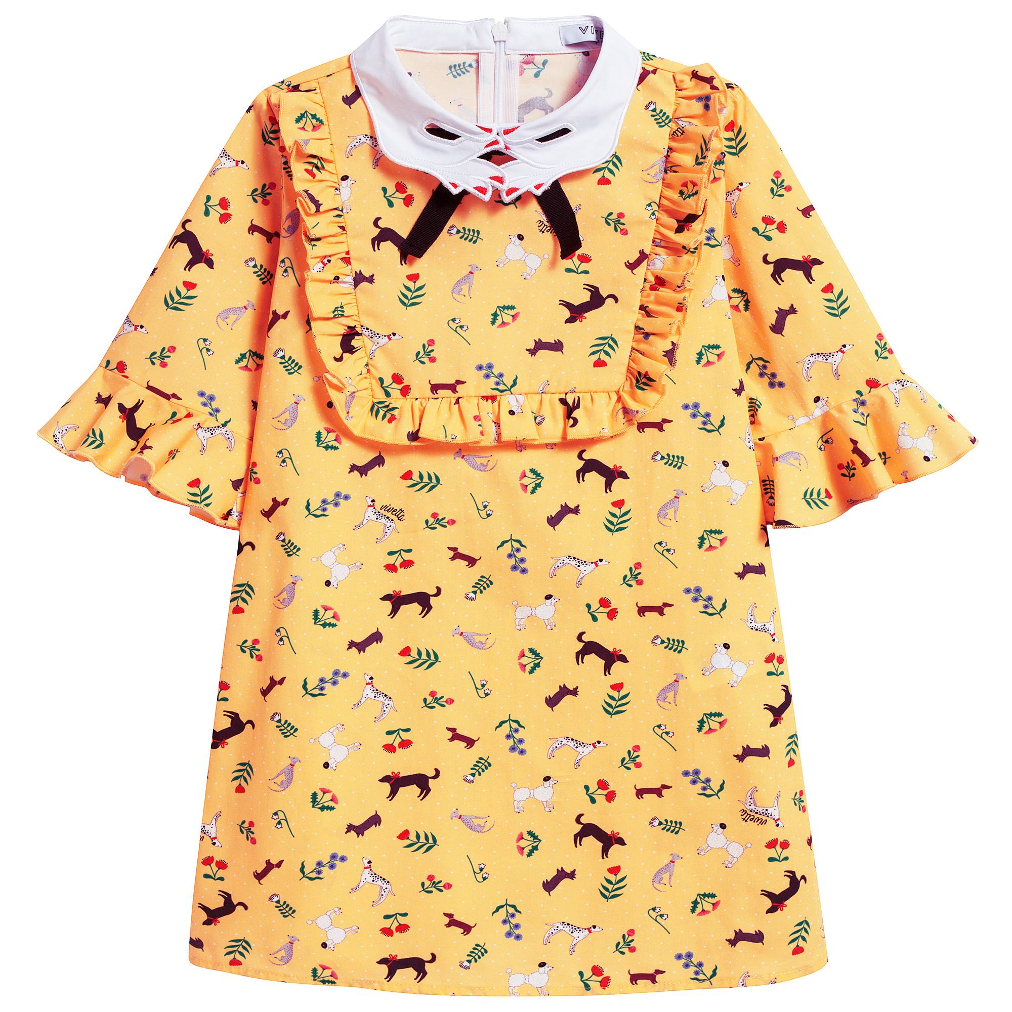 Girls Yellow Hand Collar Cotton Woven Dress