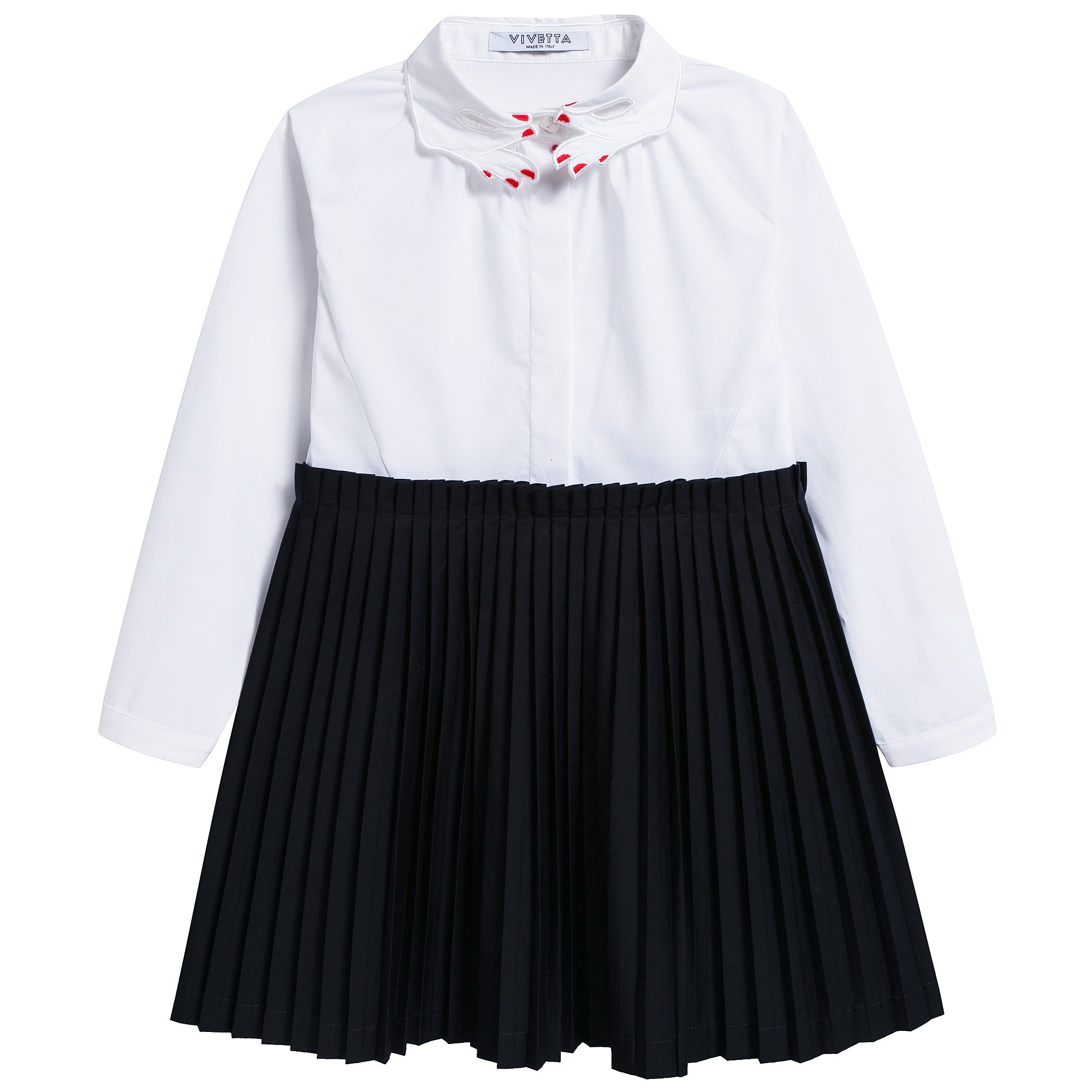 Girls White & Black Pleated And Poplin Cotton Dress