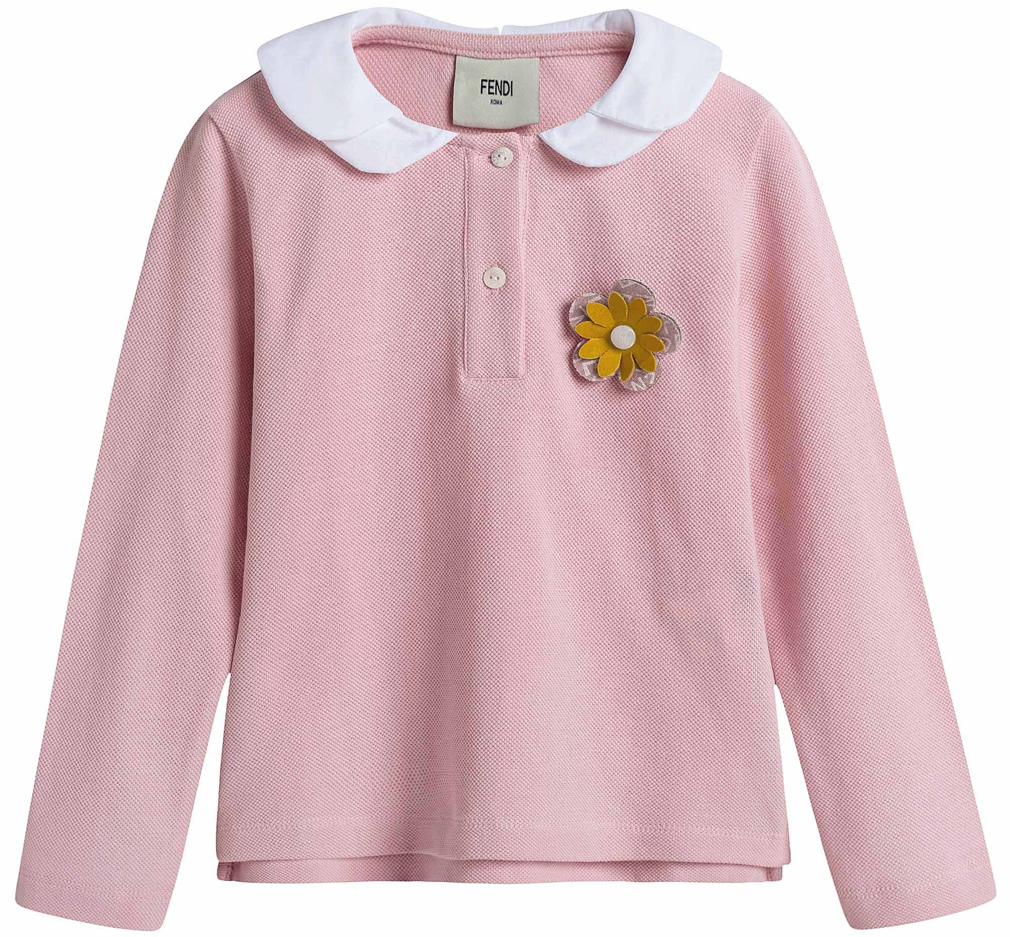 Girls Pink Cotton Polo Shirt With Patch Flower Trims - CÉMAROSE | Children's Fashion Store - 1