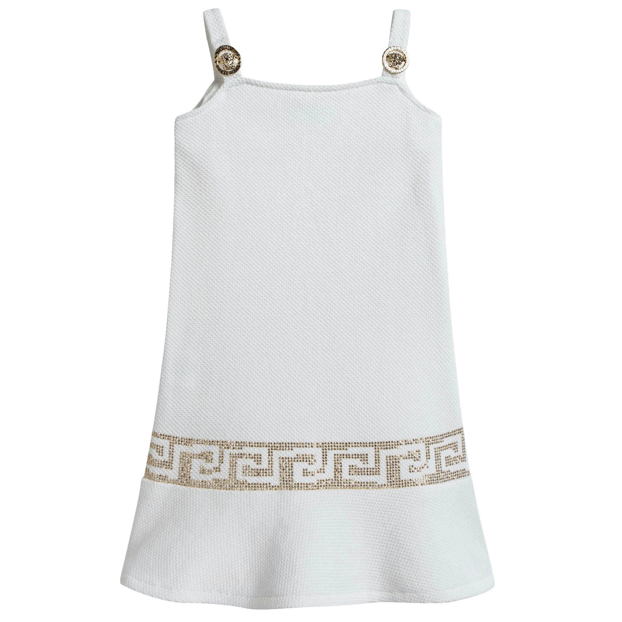 Girls White Cotton Dress With Gold Rhinestone Trims