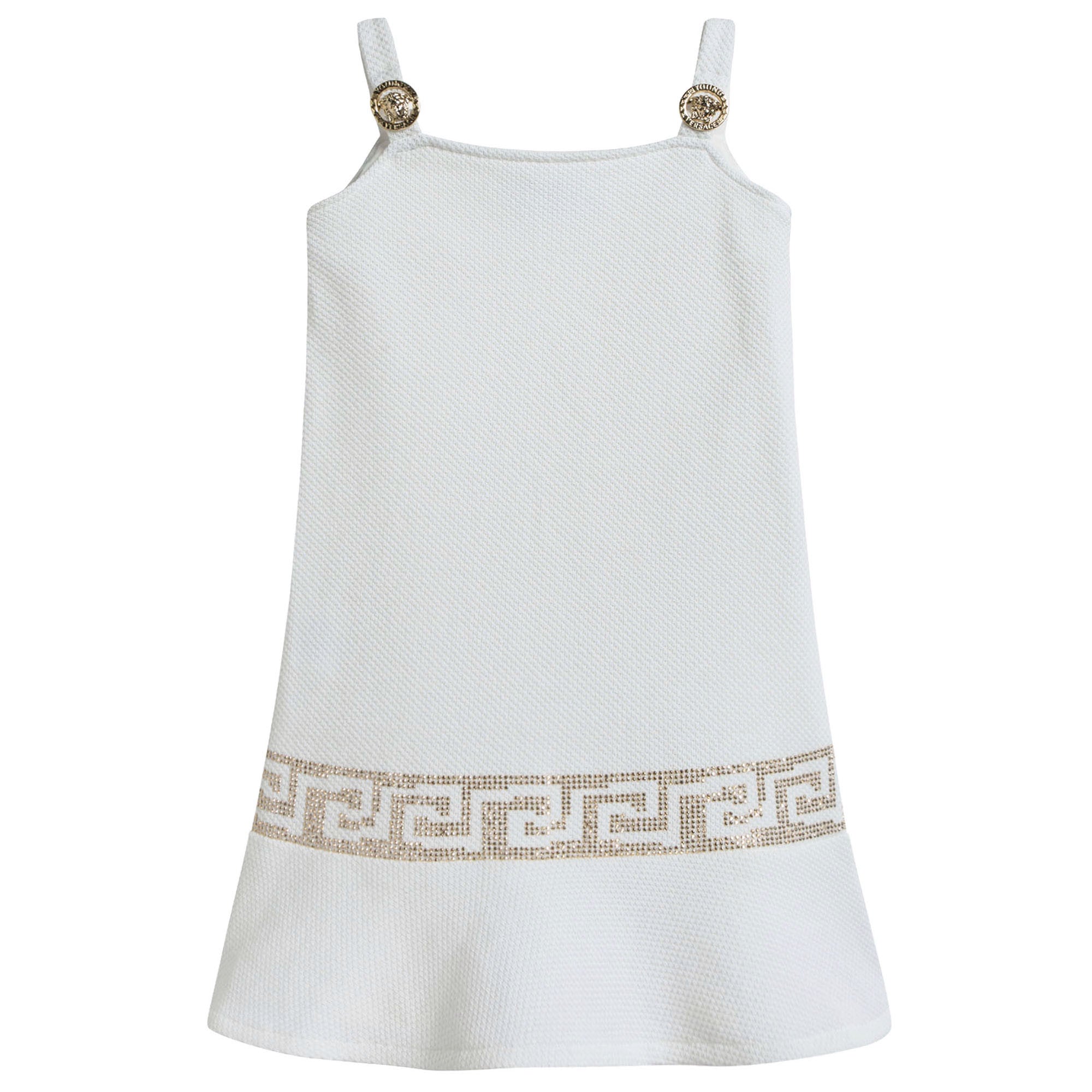 Girls White Cotton Dress With Gold Rhinestone Trims