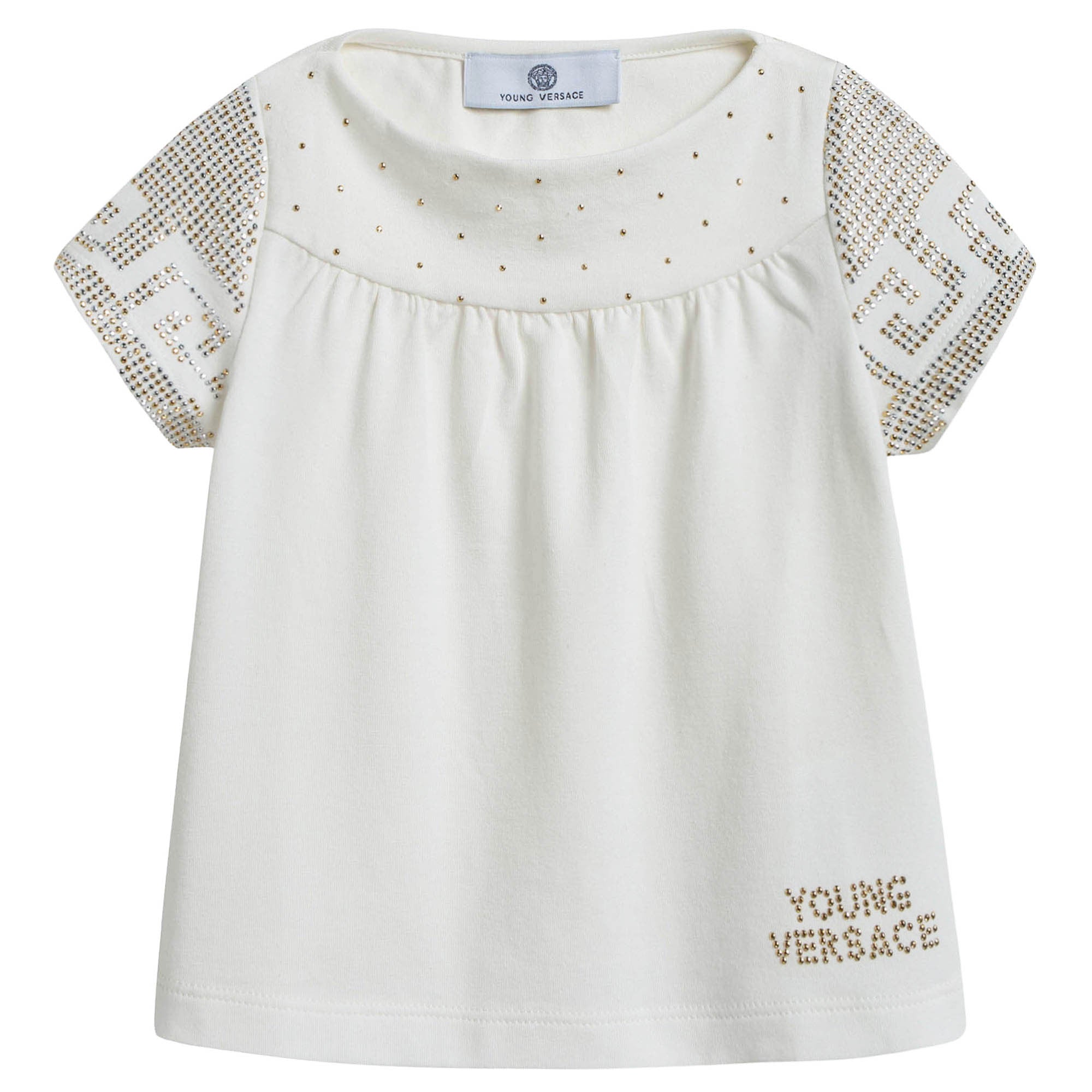 Baby Girls White Cotton Blouse With Gold Rhinestone Trims