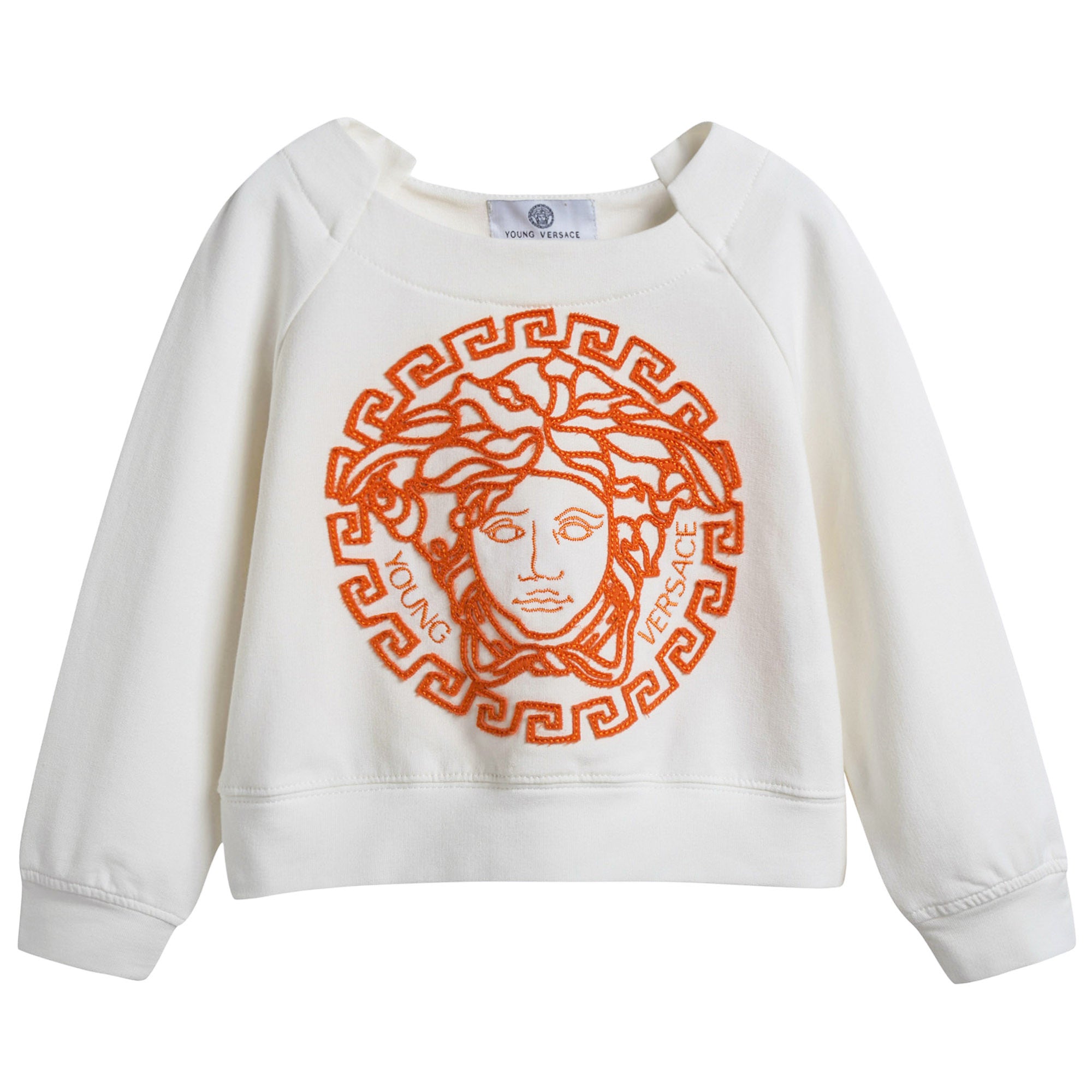 Girls White Cotton Sweatshirt With Orange Medusa Logo