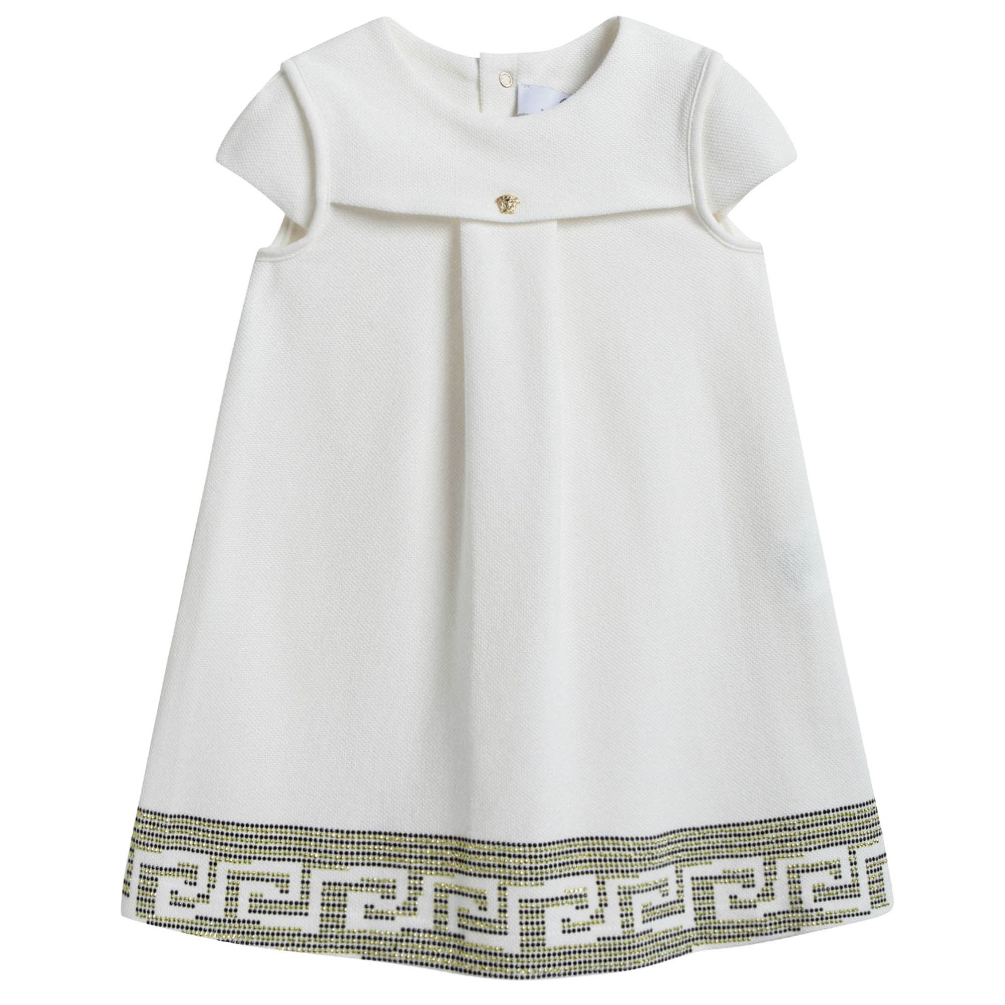 Baby Girls White Cotton Dress With Gold Rhinestone Trims
