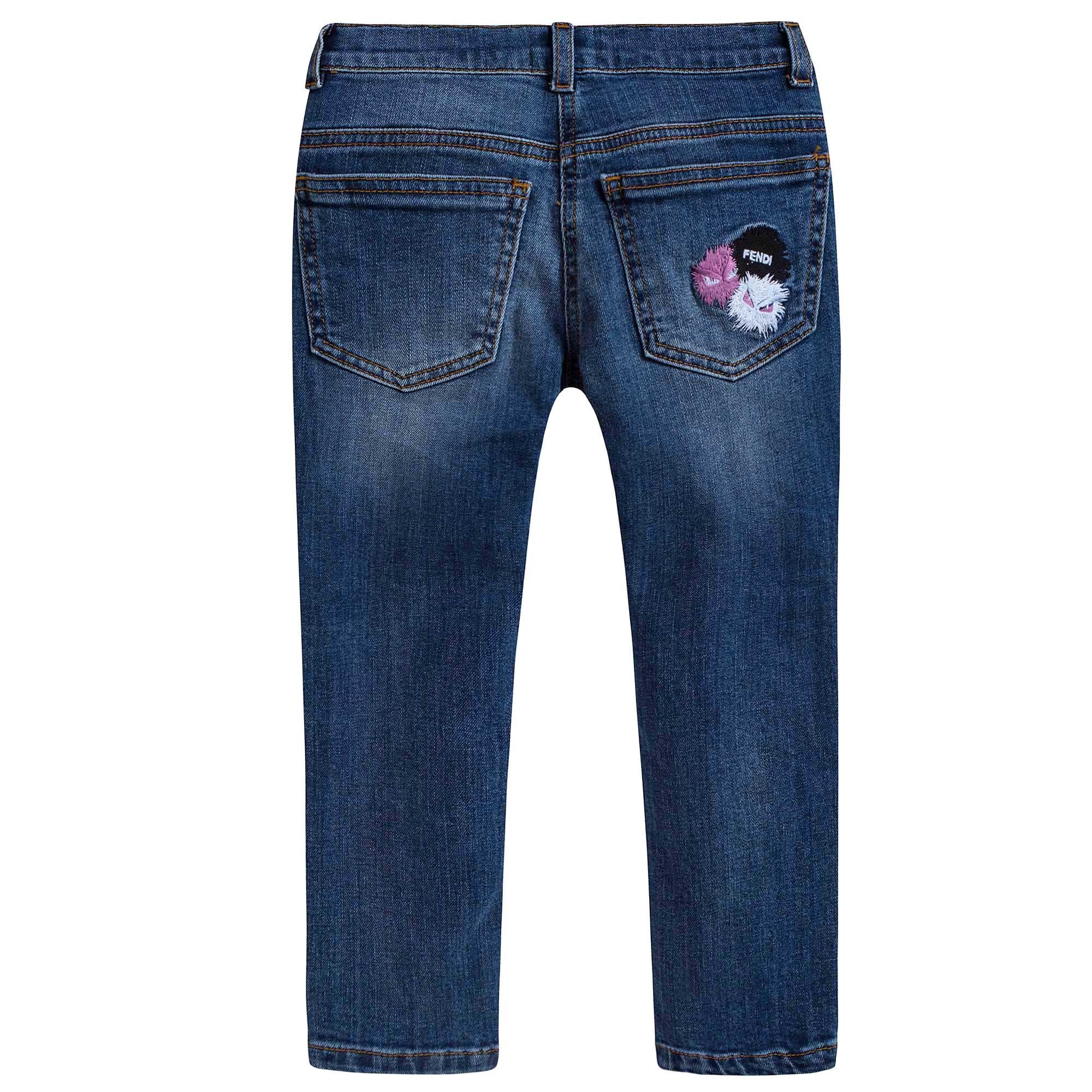 Girls Blue Denim Embroidered Pocket Jeans
