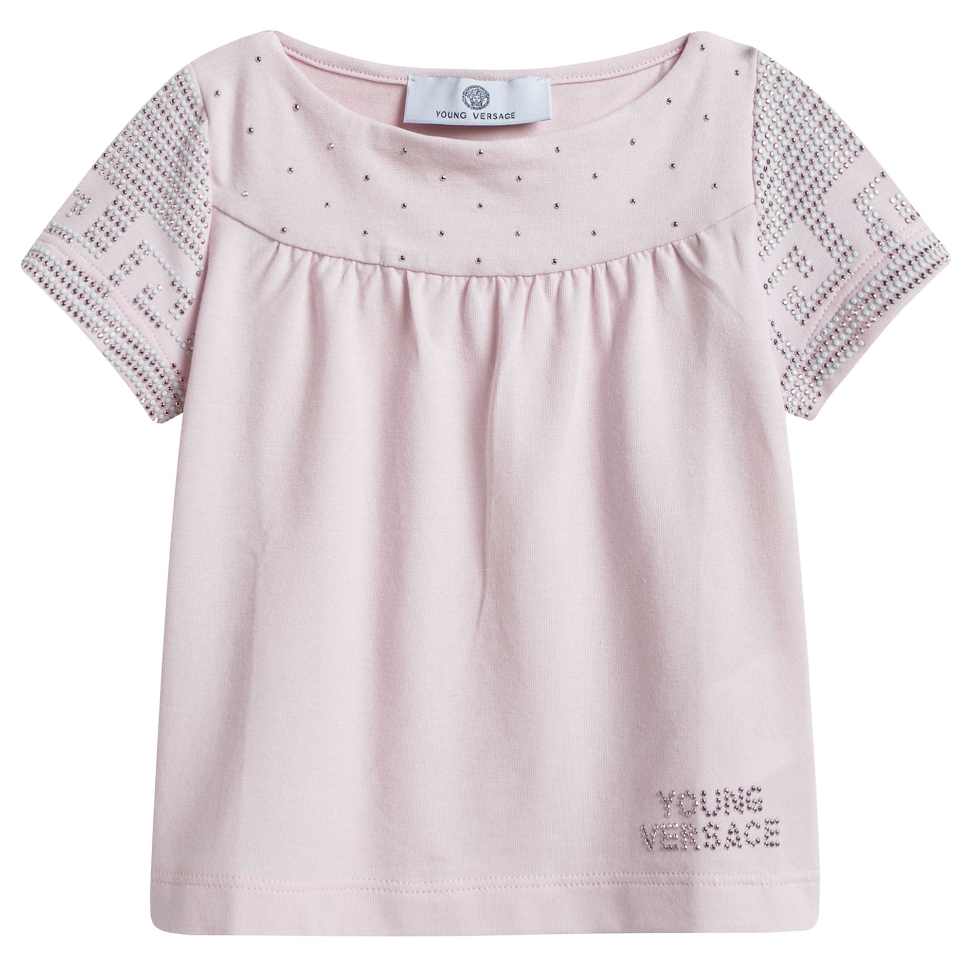 Baby Girls Pink Cotton Blouse With Gold Rhinestone Trims