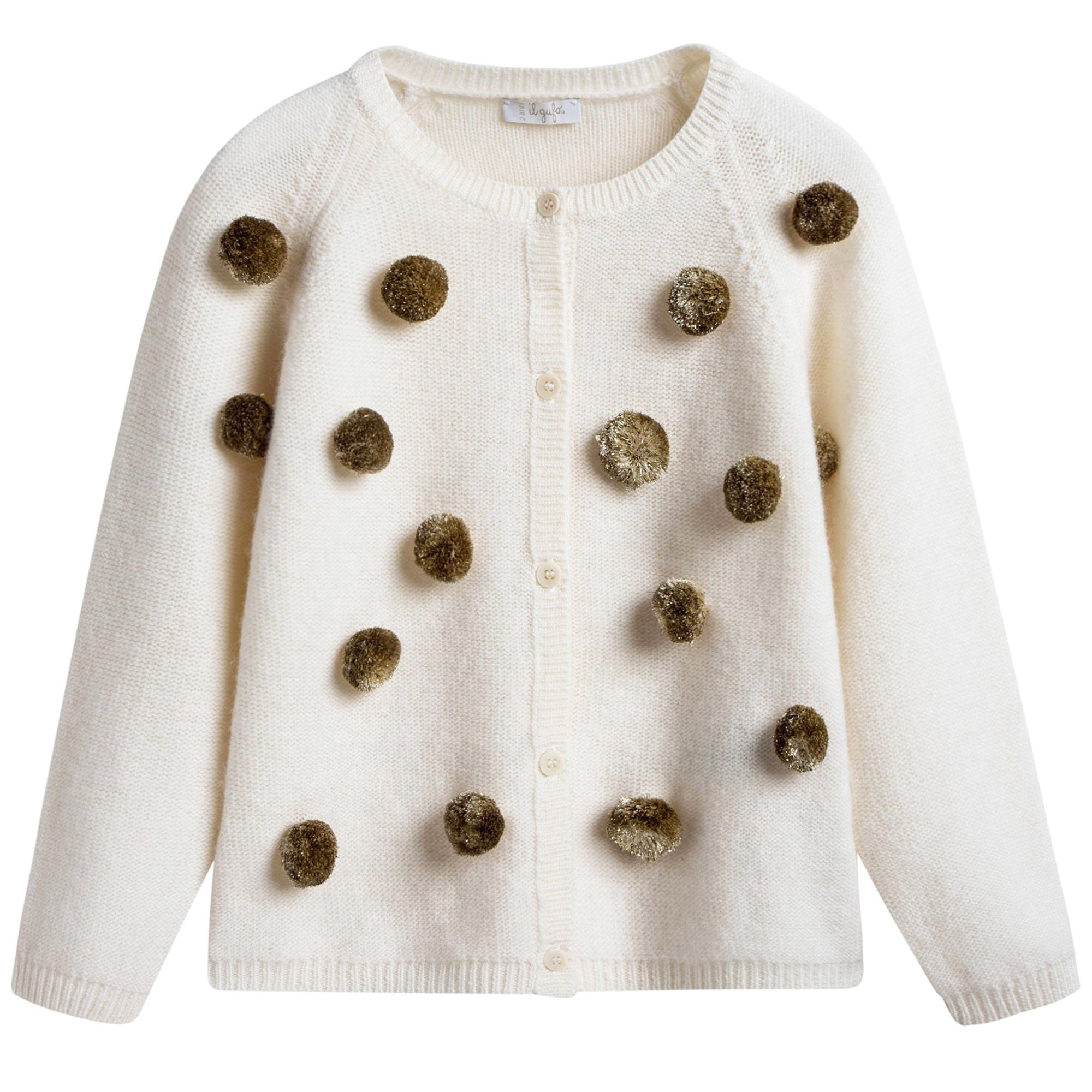 Girls Milk With Gold Pom-Pom Wool Cardigan