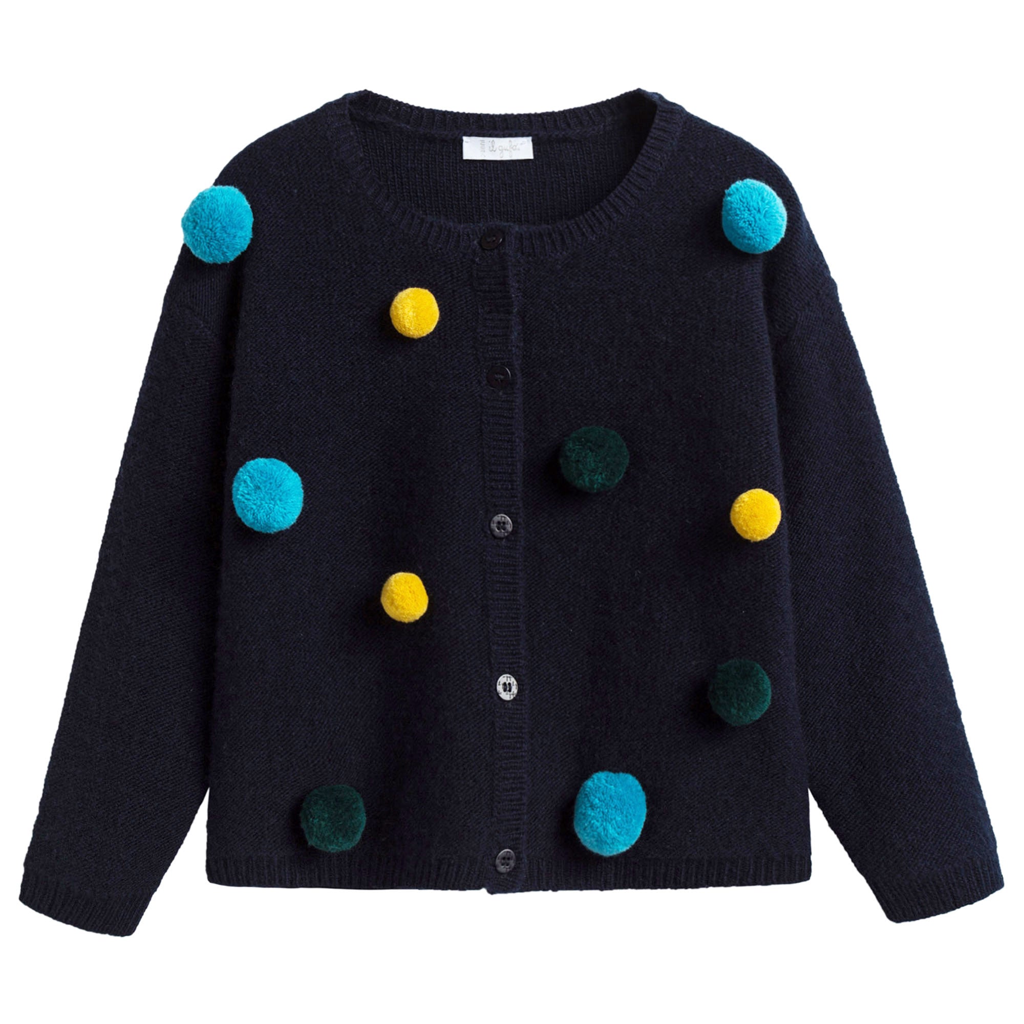 Girls Navy Blue Wool Cardigan With Pom-Pom Trims