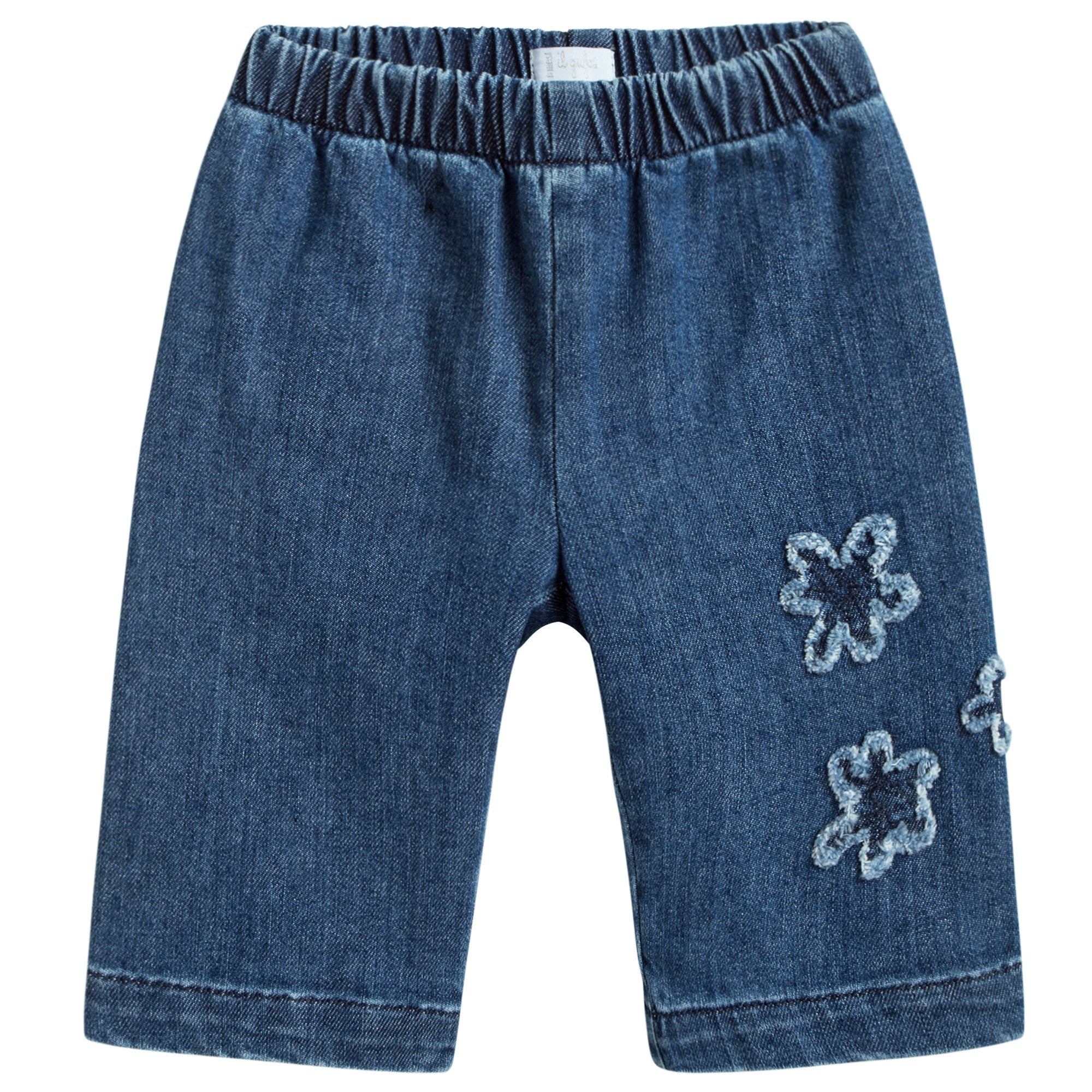 Baby Girls Denim Blue Cotton Jeans With Flowers Trims