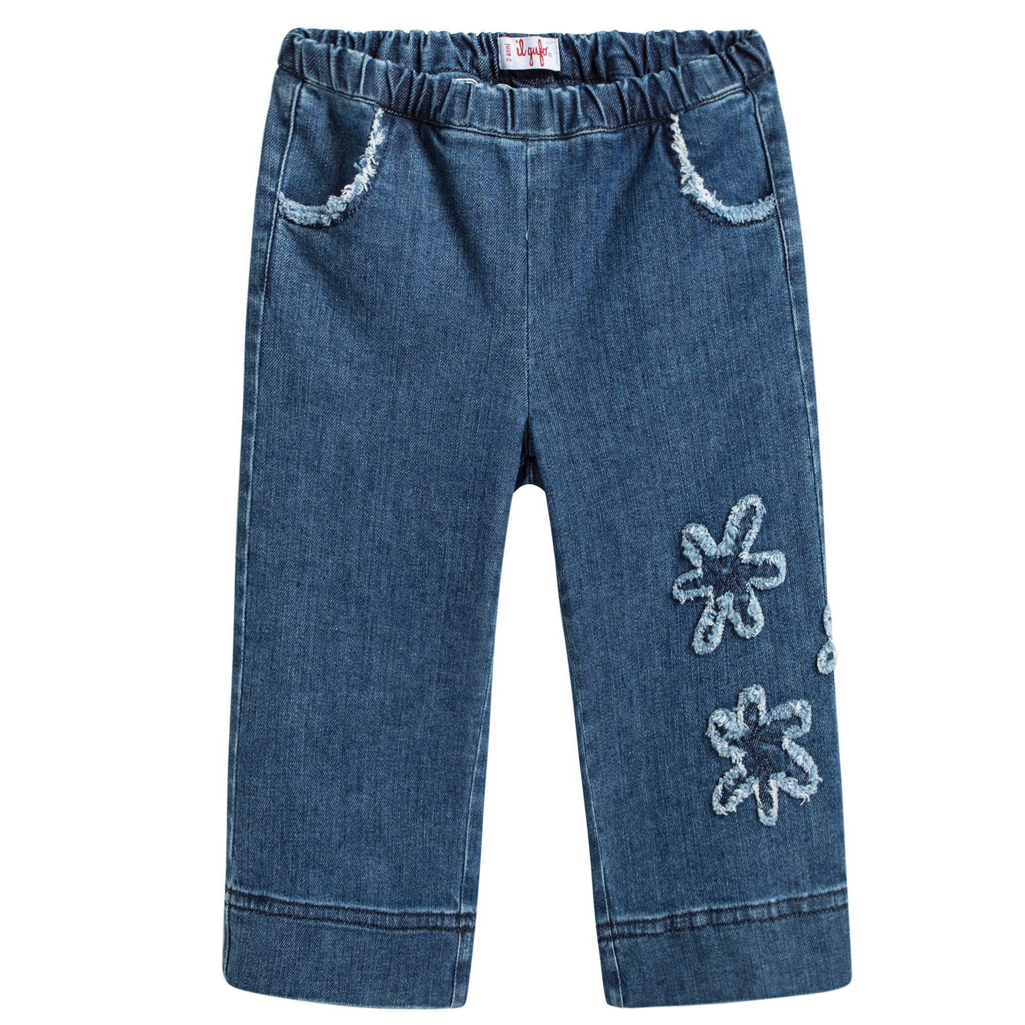 Girls Denim Blue Cotton Jeans With Flowers Trims