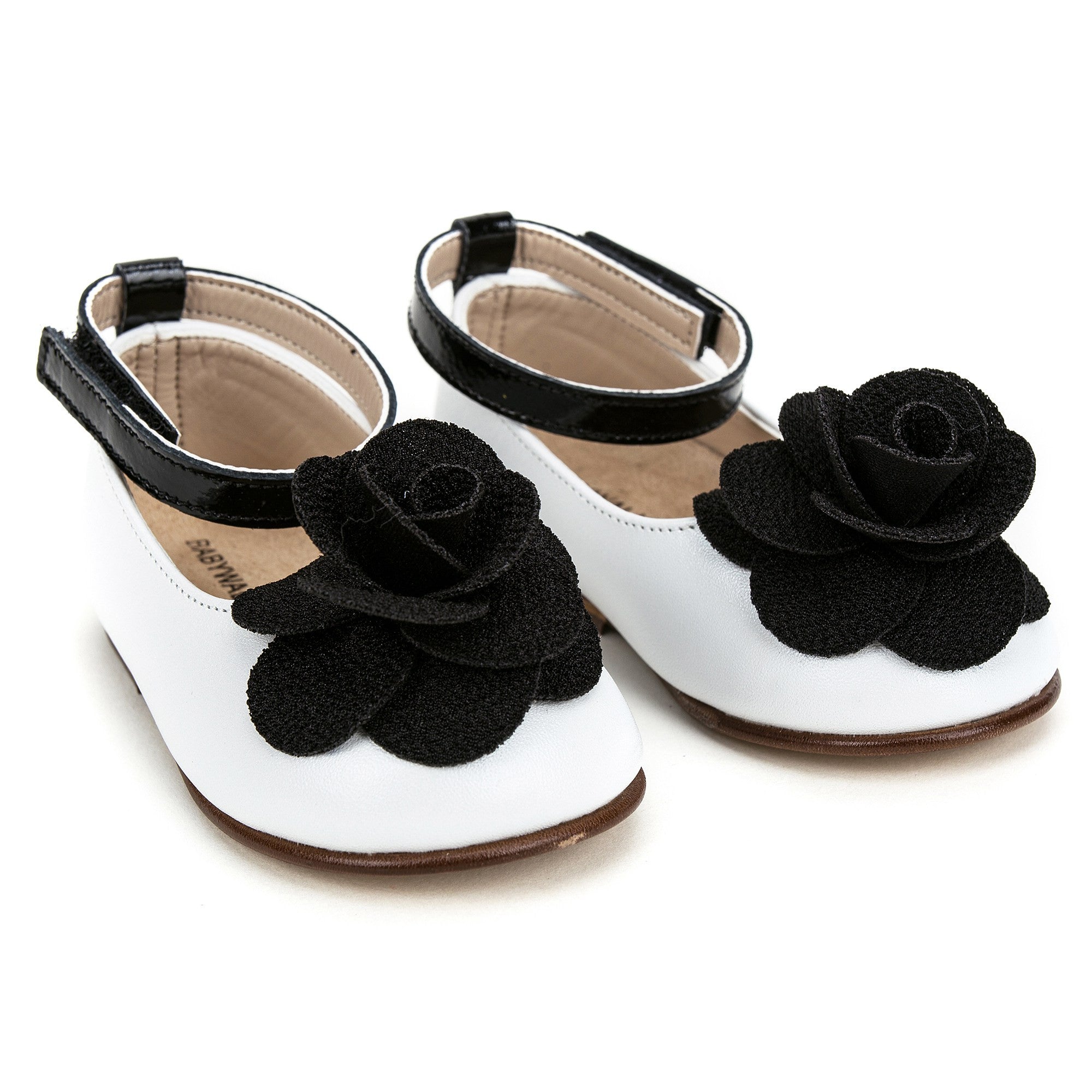 Girls White Suede Ballerinas With Black Patch Camelia Flower Embellished