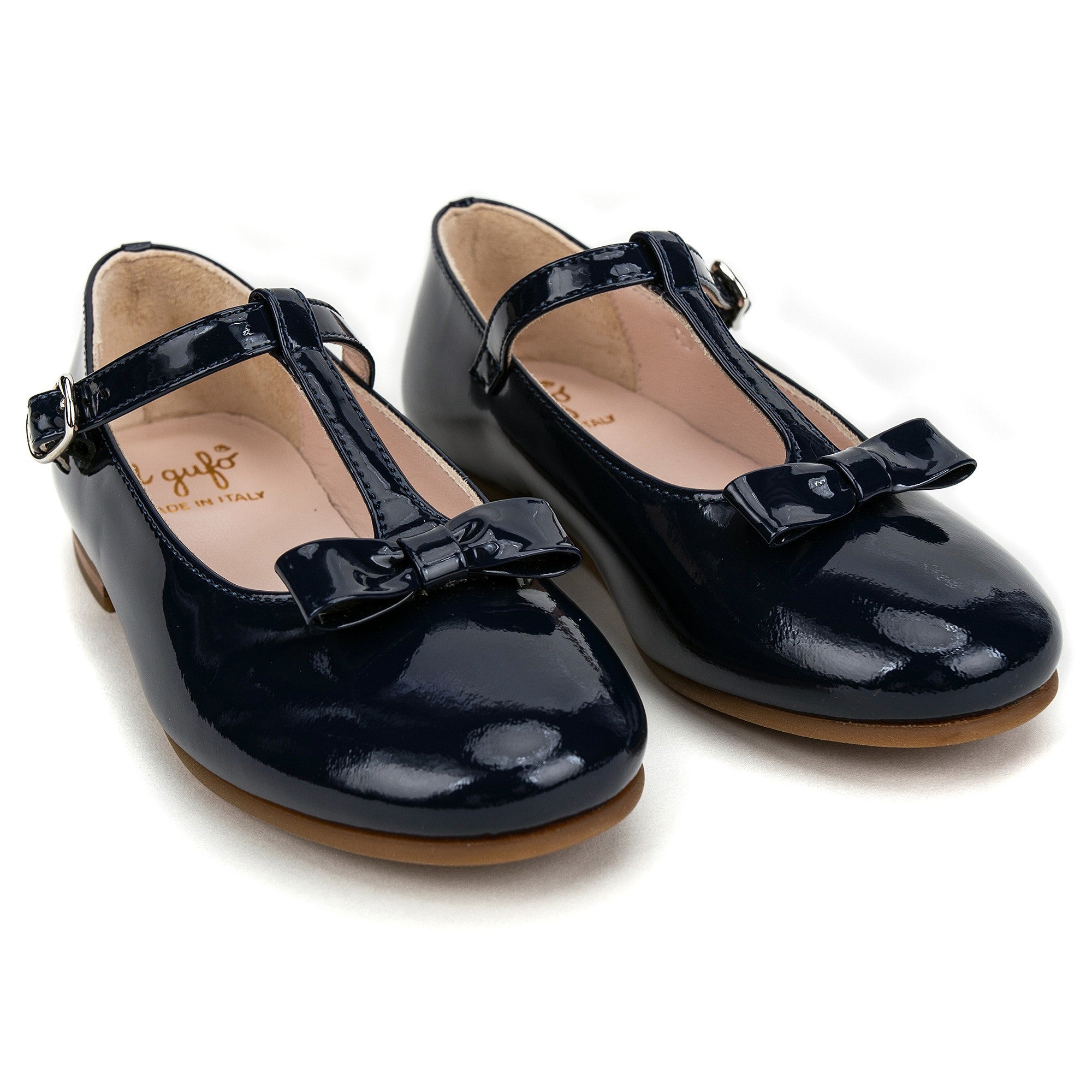 Girls Blue Patent Leather T-Bar Shoes With Bow Trims