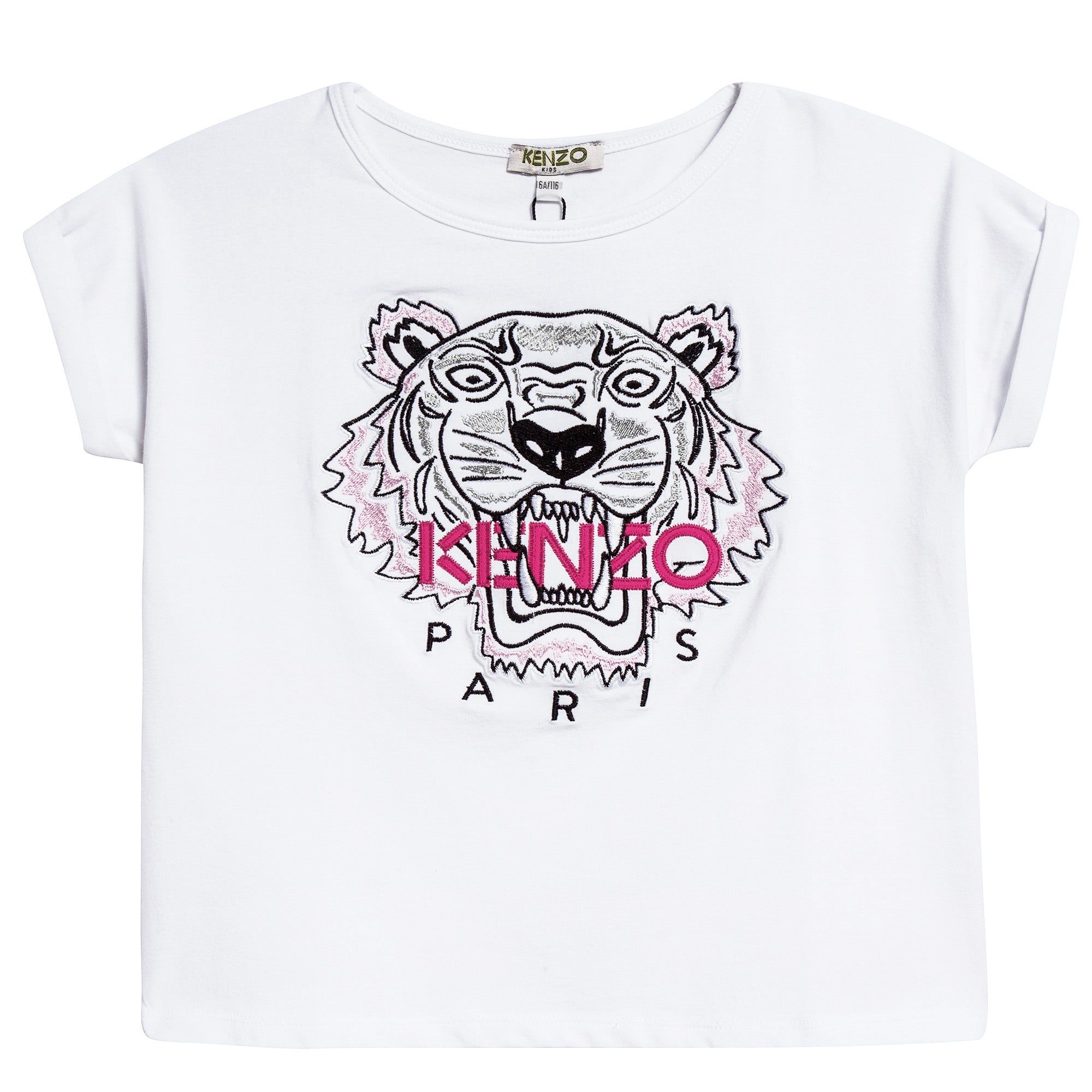 Girls White Tiger Printed Cotton T-shirt