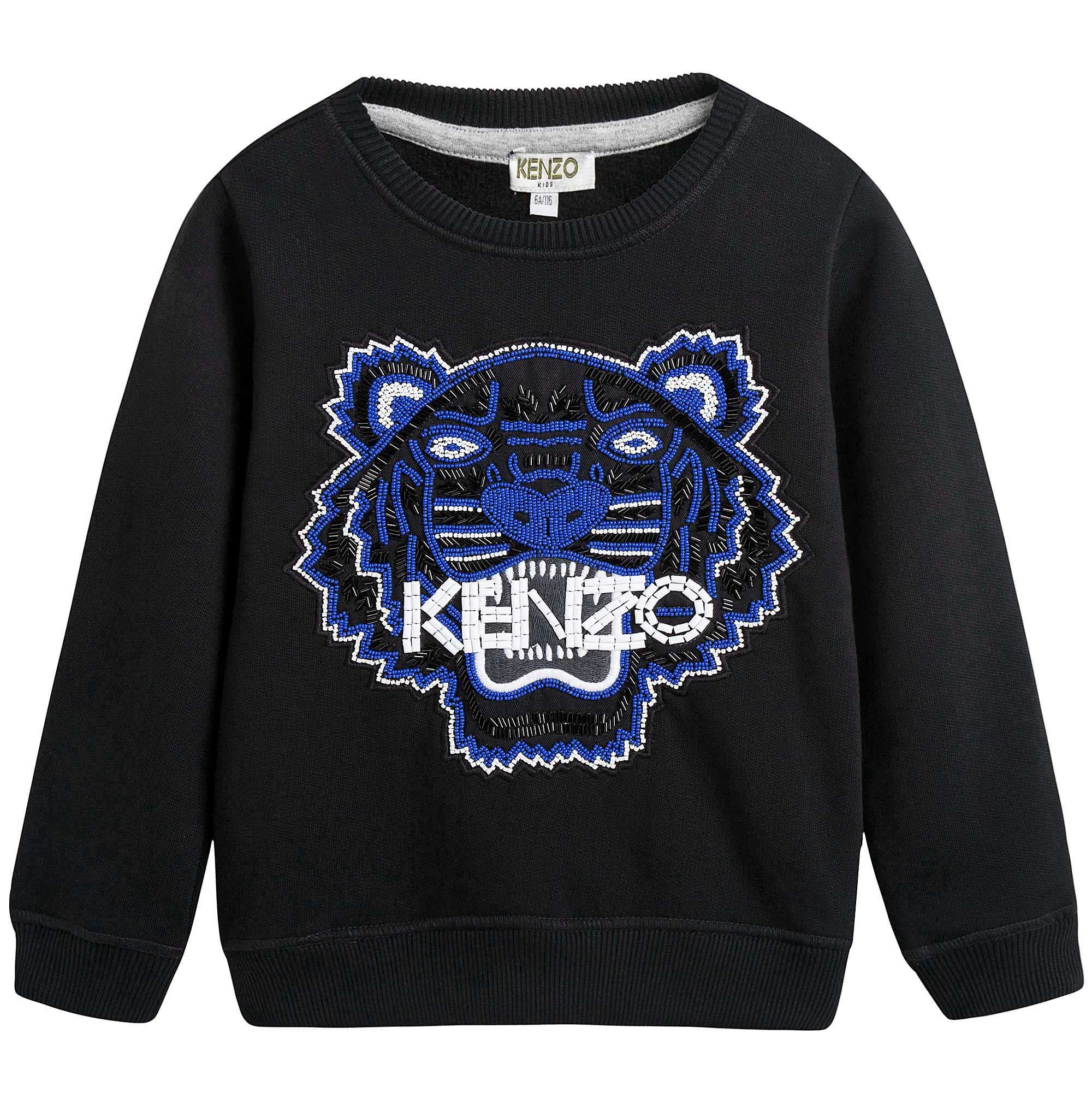 Girls Black Embroidered Tiger Head Cotton Sweatshirt - CÉMAROSE | Children's Fashion Store - 1