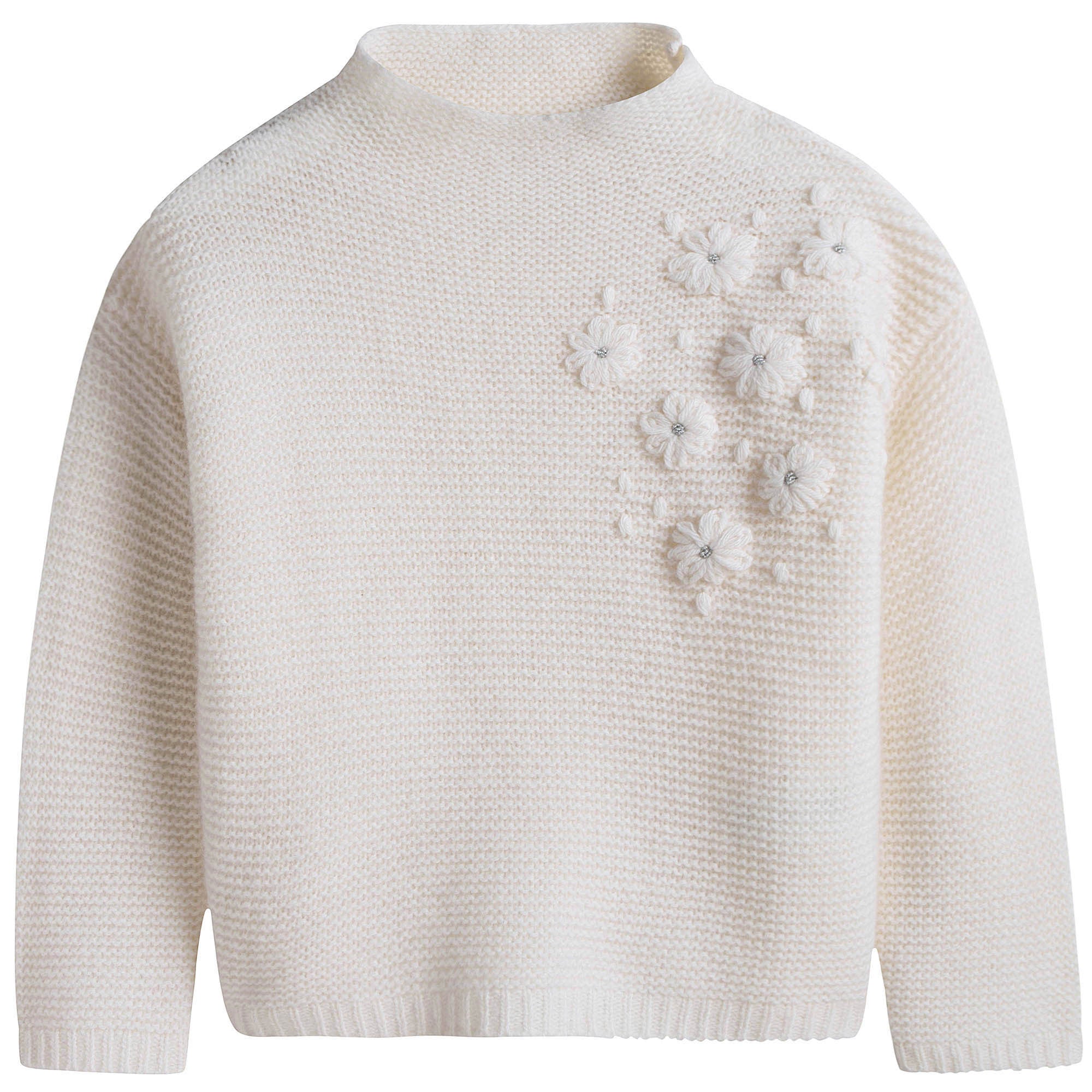 Girls Milk White Wool Sweater With Silver Patch Trims