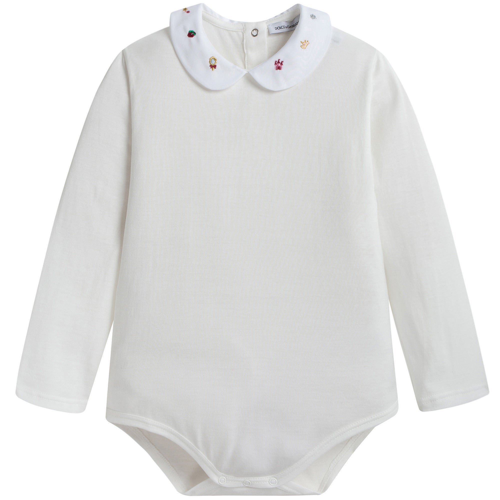Baby Girls White Cotton Bodysuit With Patch Trims Collar