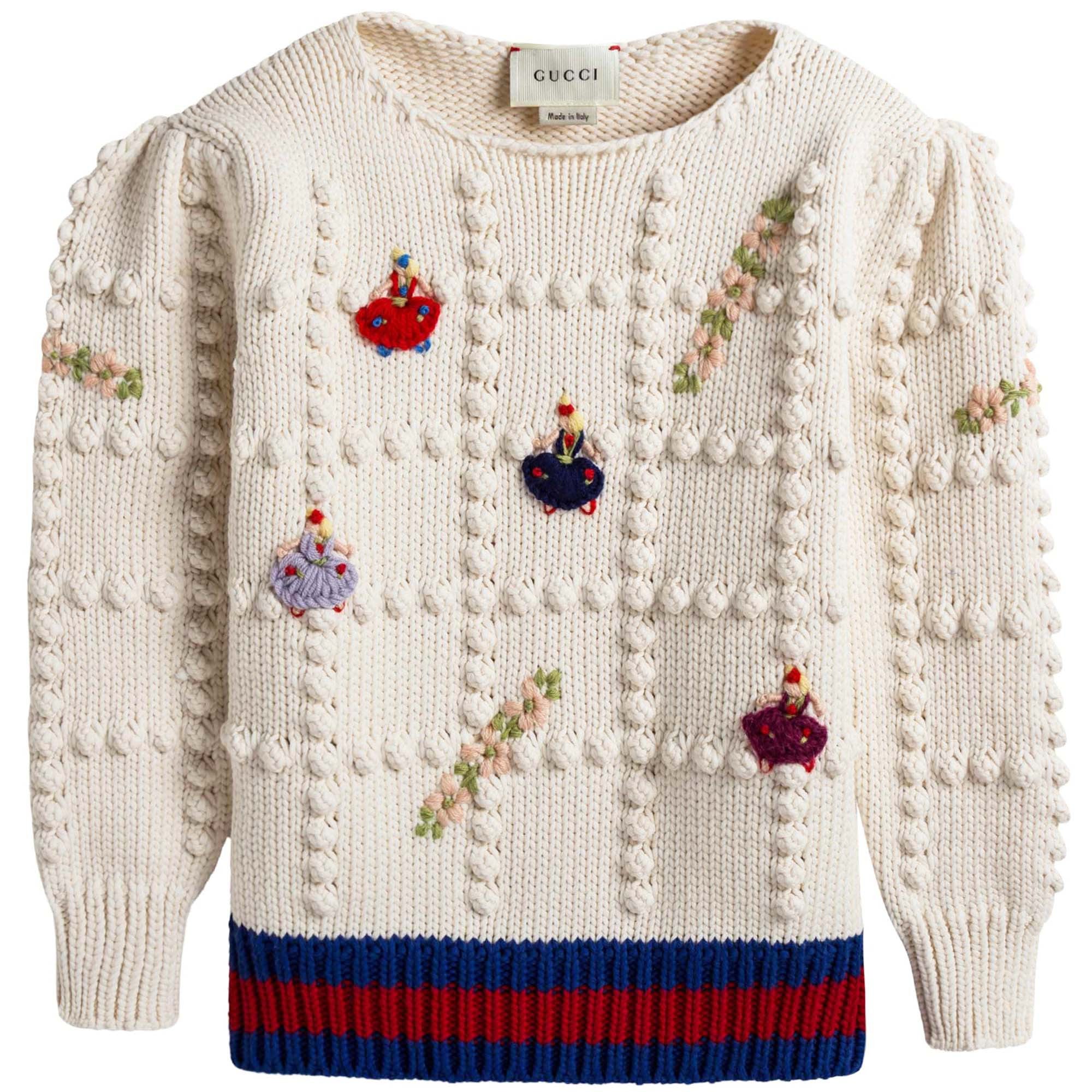 Girls White Knitted Trims Cotton Sweater