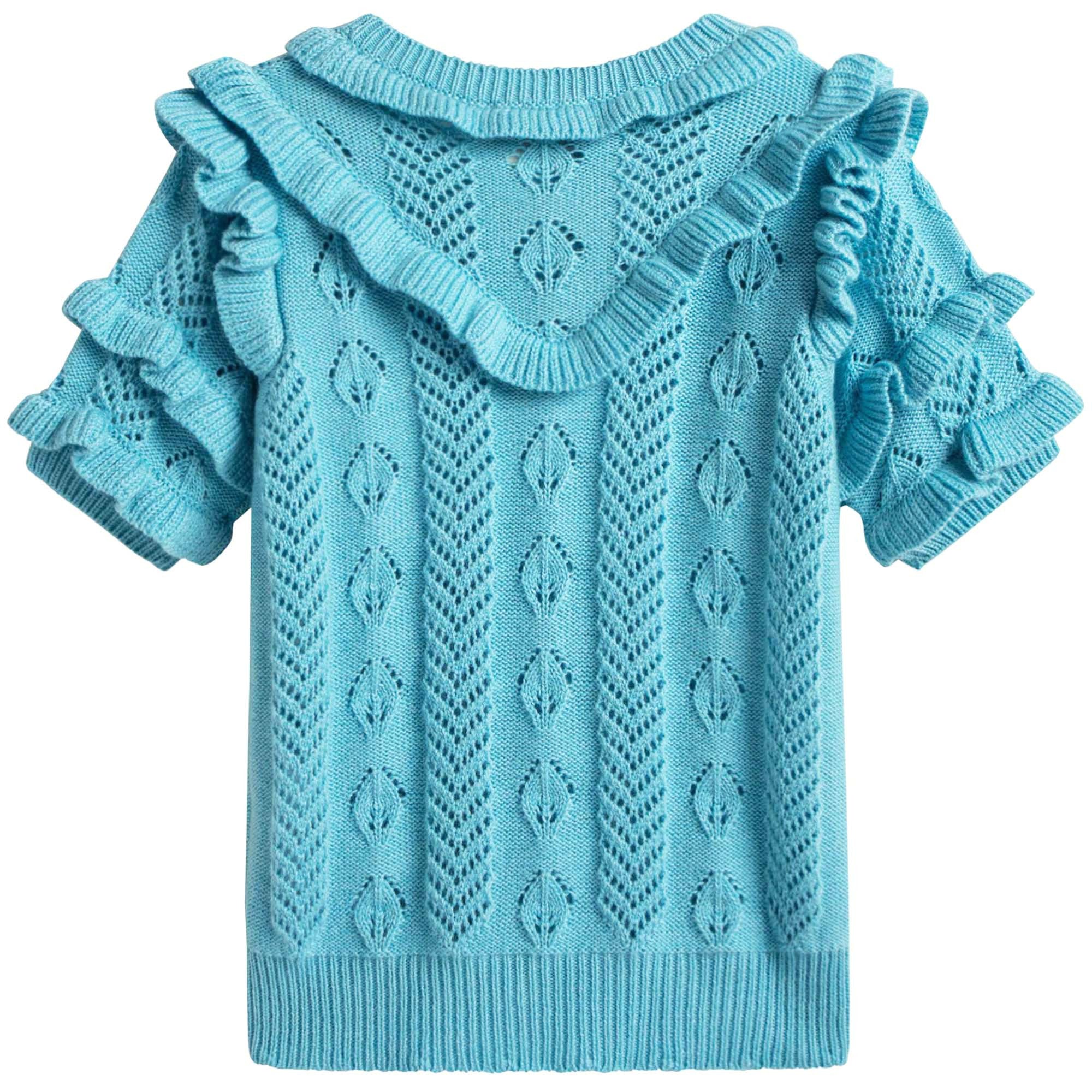 Girls Light Blue Knitted Hollow Short Sleeve Sweater