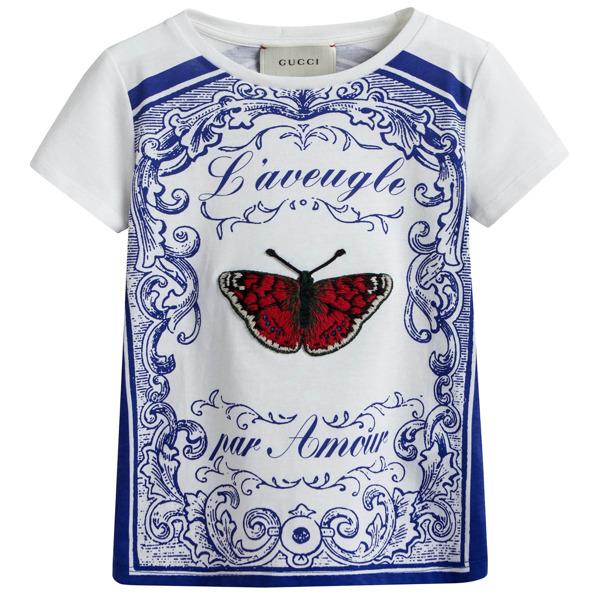 Girls White & Blue Cotton T-Shirt