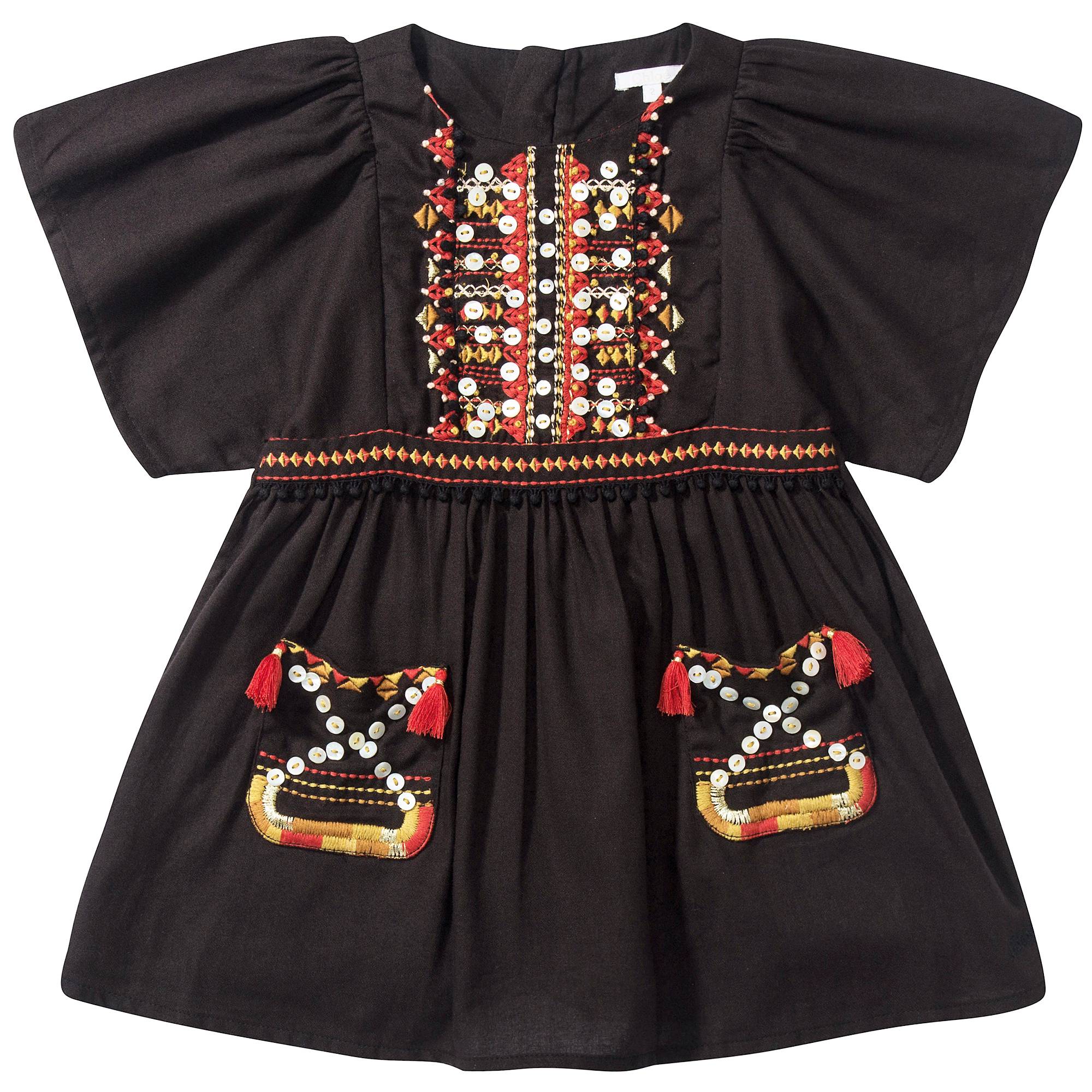 Girls Black Embroidered Cotton Dress