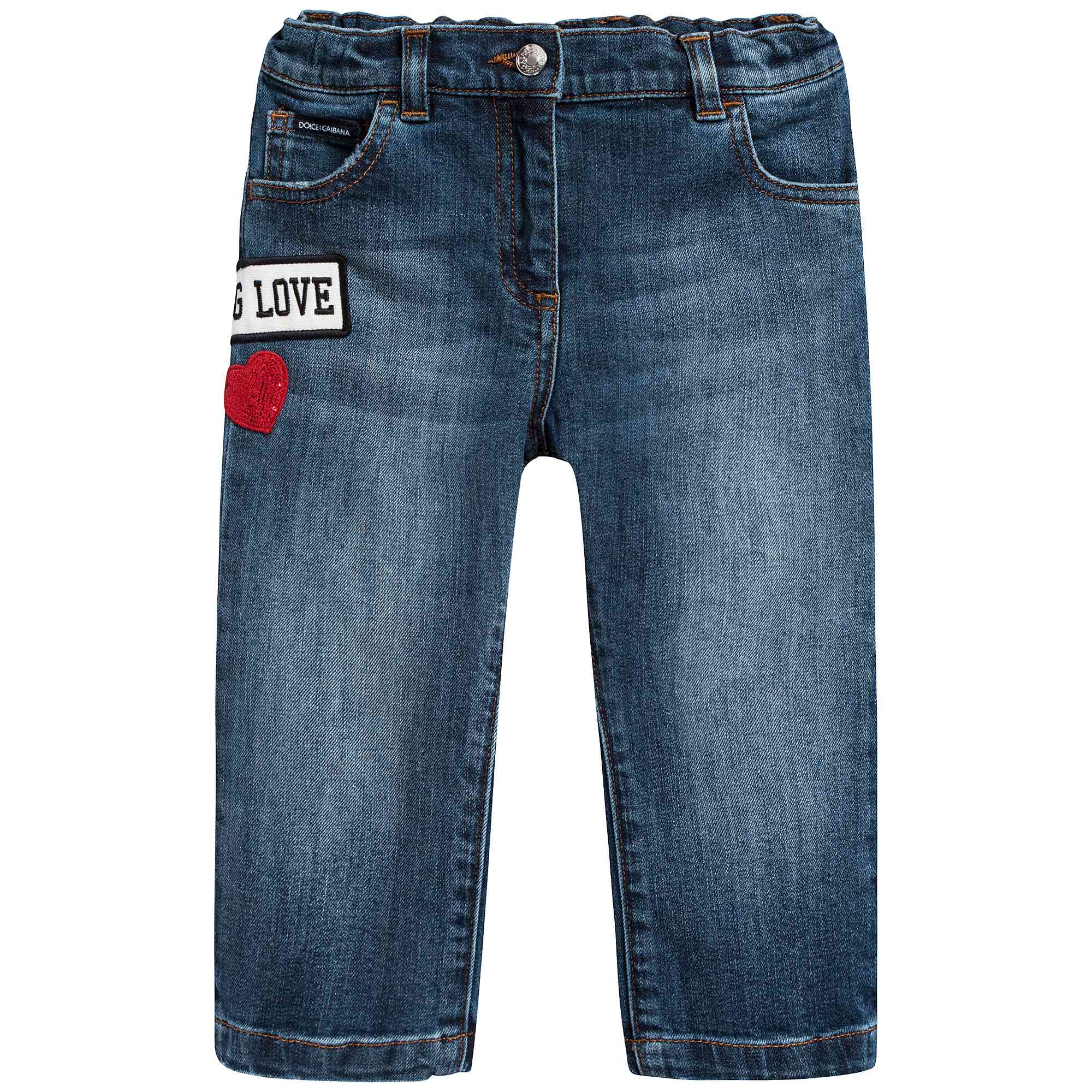 Baby Girls Dark Blue Rose Embroidered Denim Trousers
