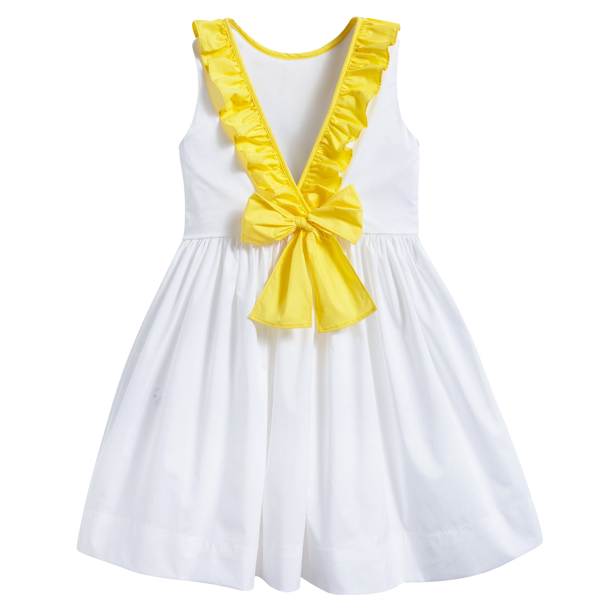 Girls White & Yellow Broom Cotton Sleeveless Dress