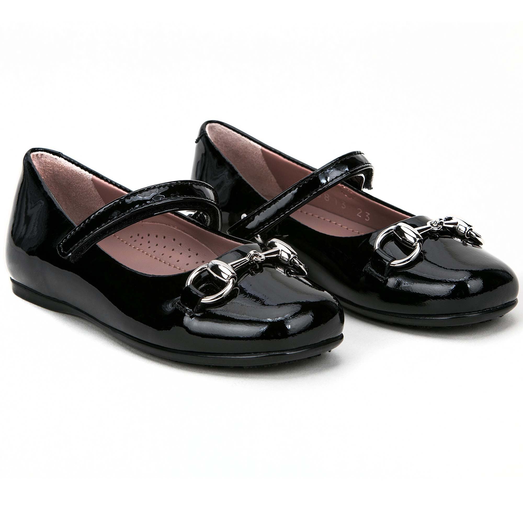Girls Black Patent Leather Horsebit Shoes