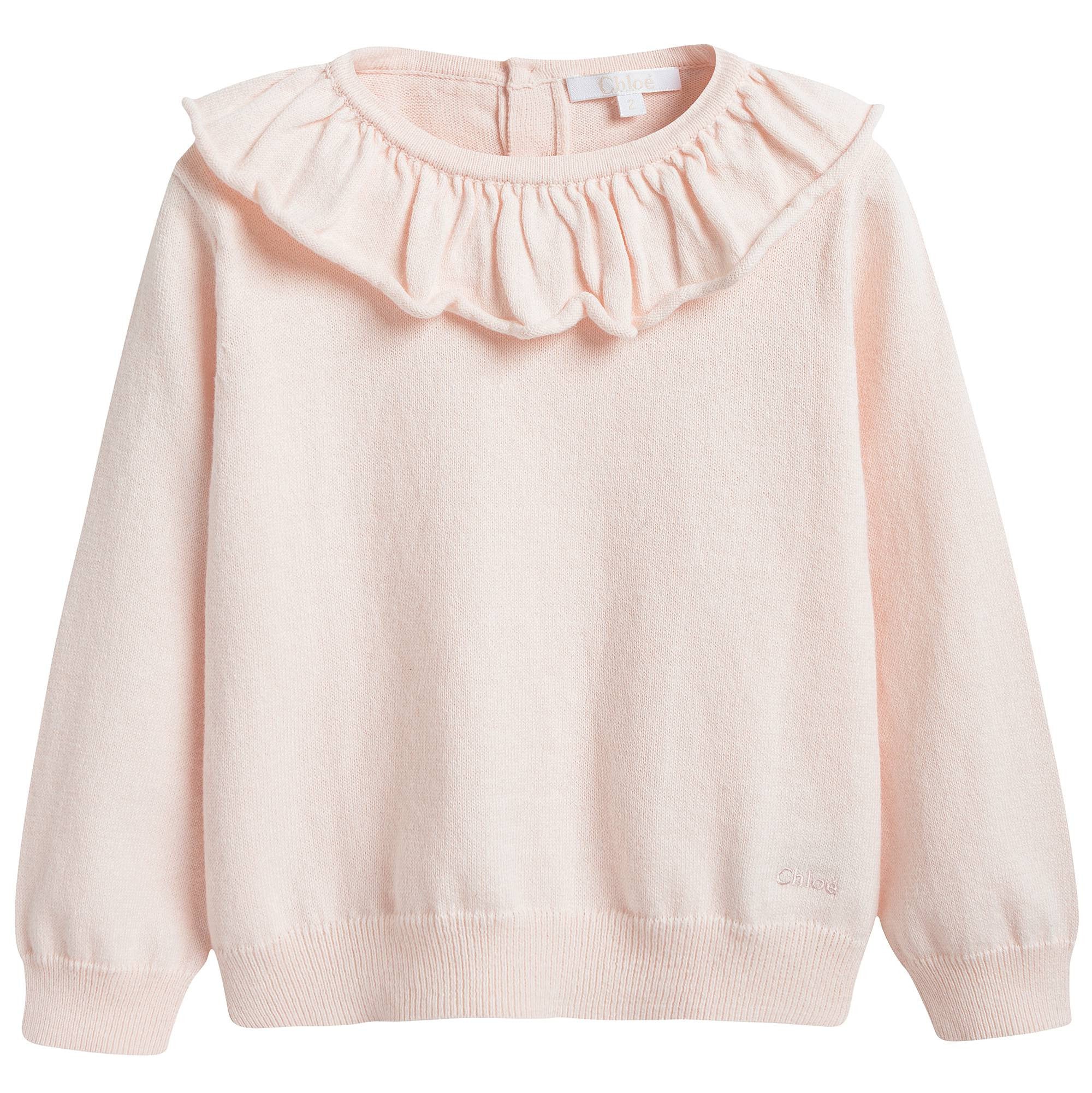 Girls Pink Cotton Sweater With Ruffle
