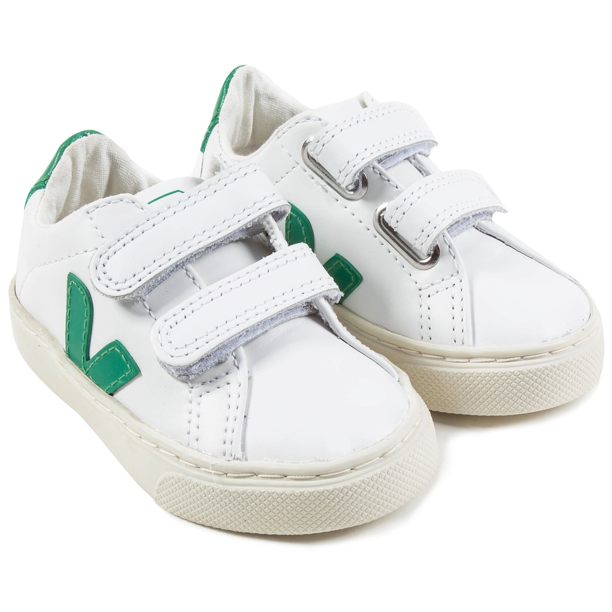 Baby White Leather Velcro With Green "V" Shoes