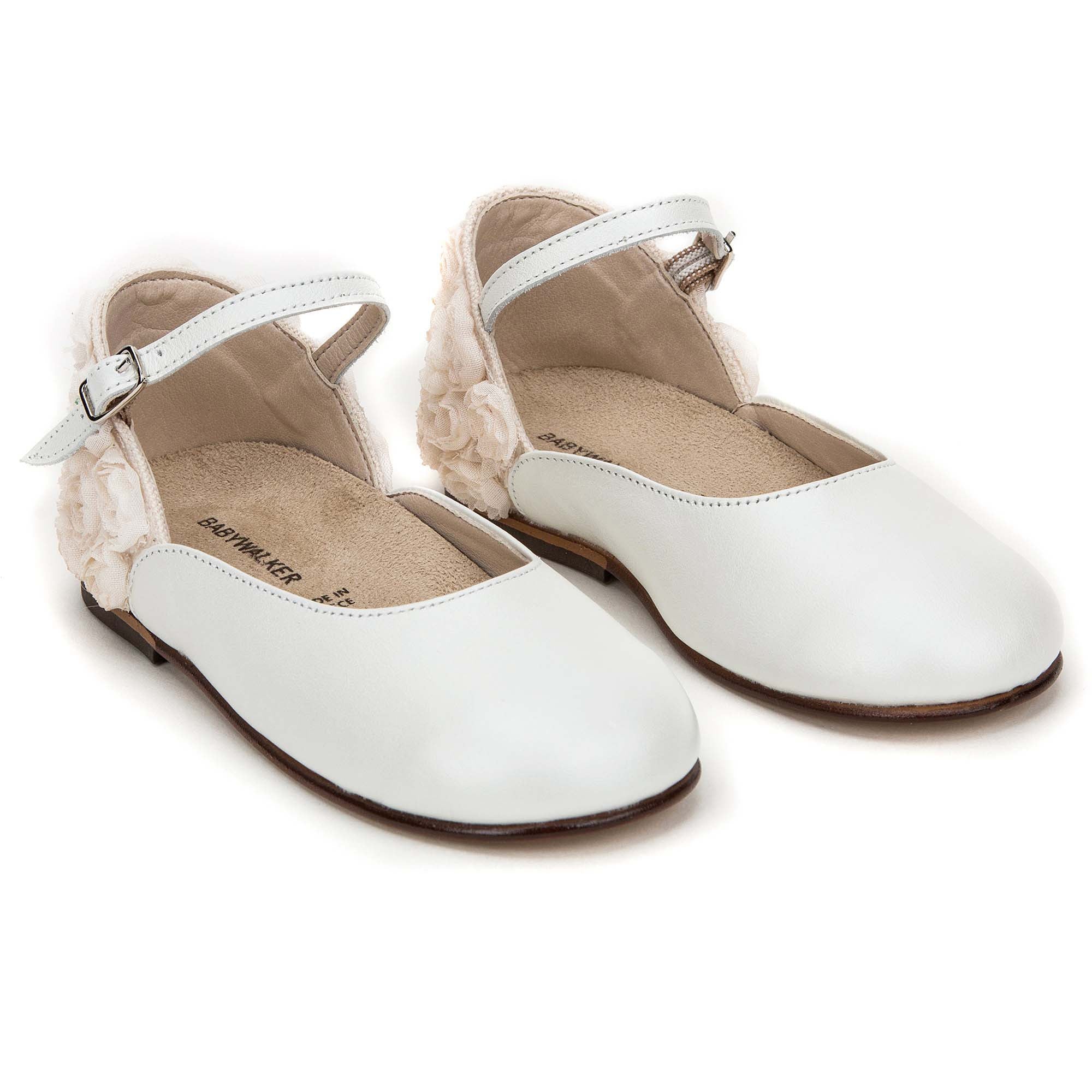 Girls Ivory Chiffon Flowers Embellished Heel Leather Ballerinas